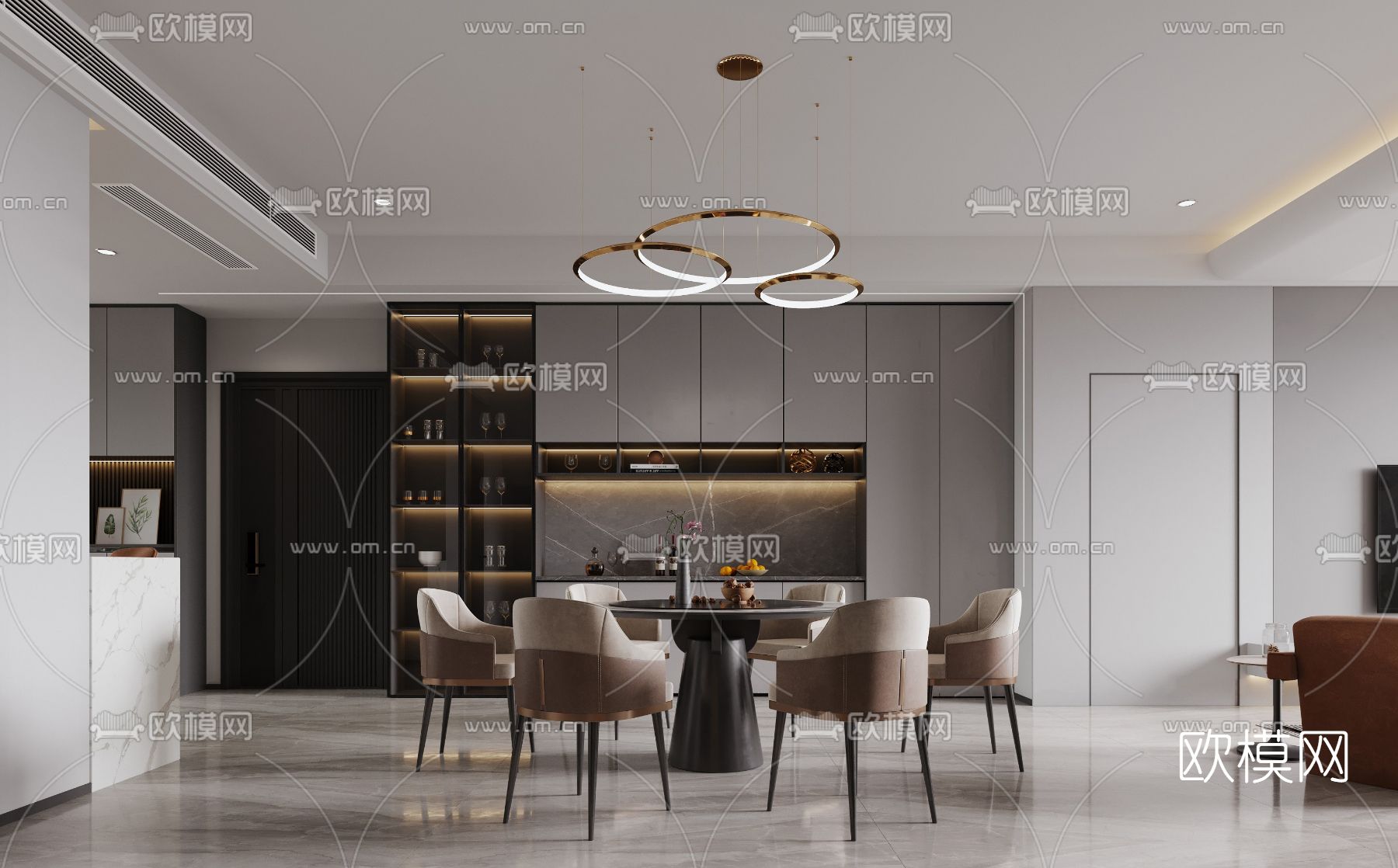 现代客厅餐厅3d模型下载（渲染图2）