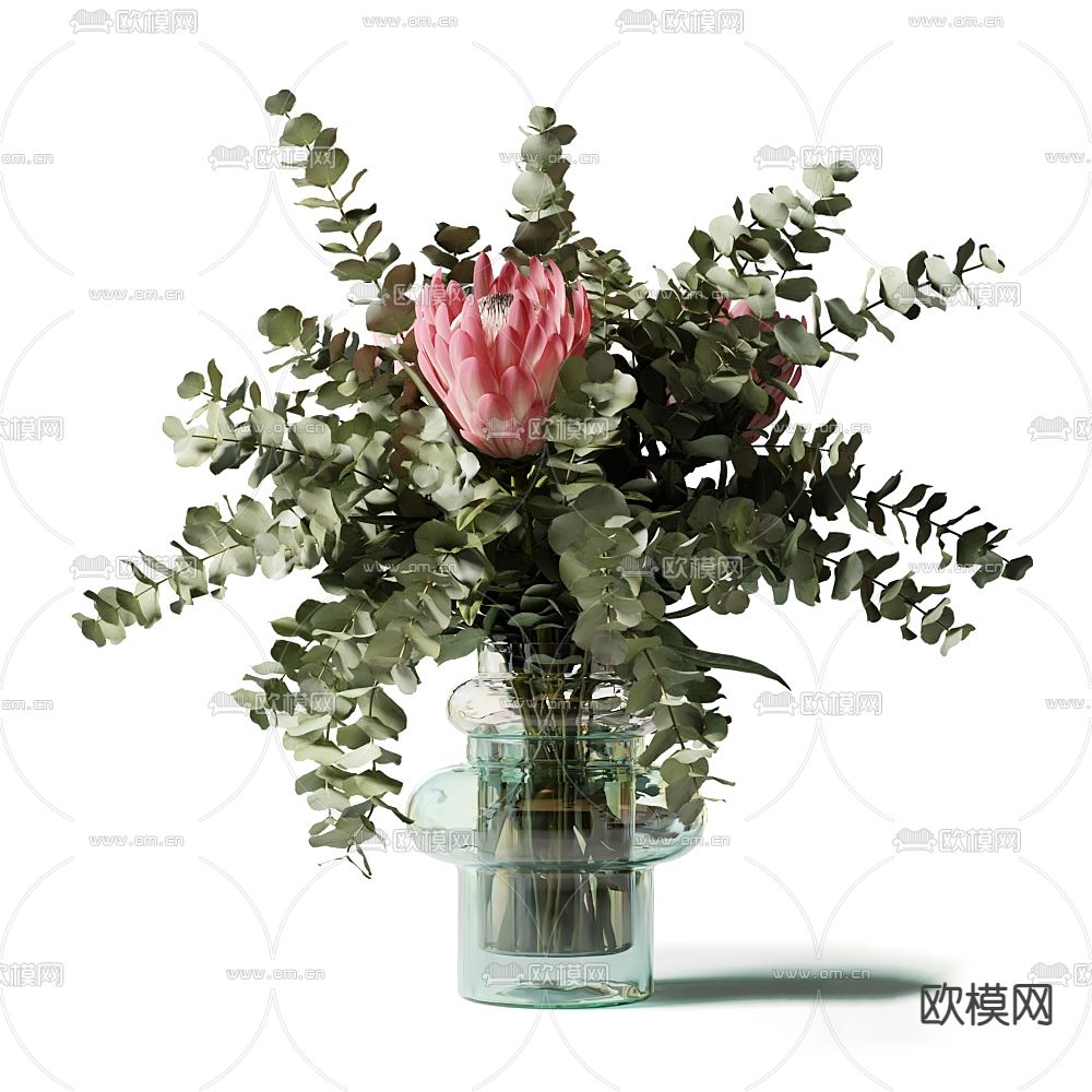 现代尤加利叶莲花水培花瓶3d模型下载（渲染图2）