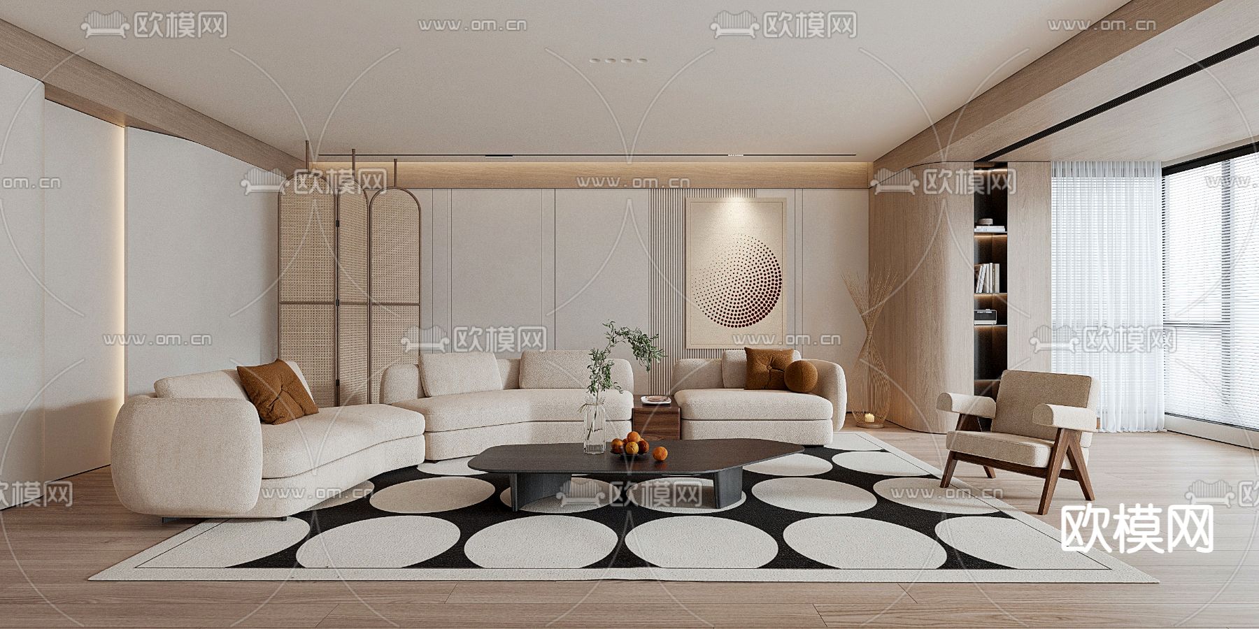 侘寂布艺弧形沙发组合3d模型下载