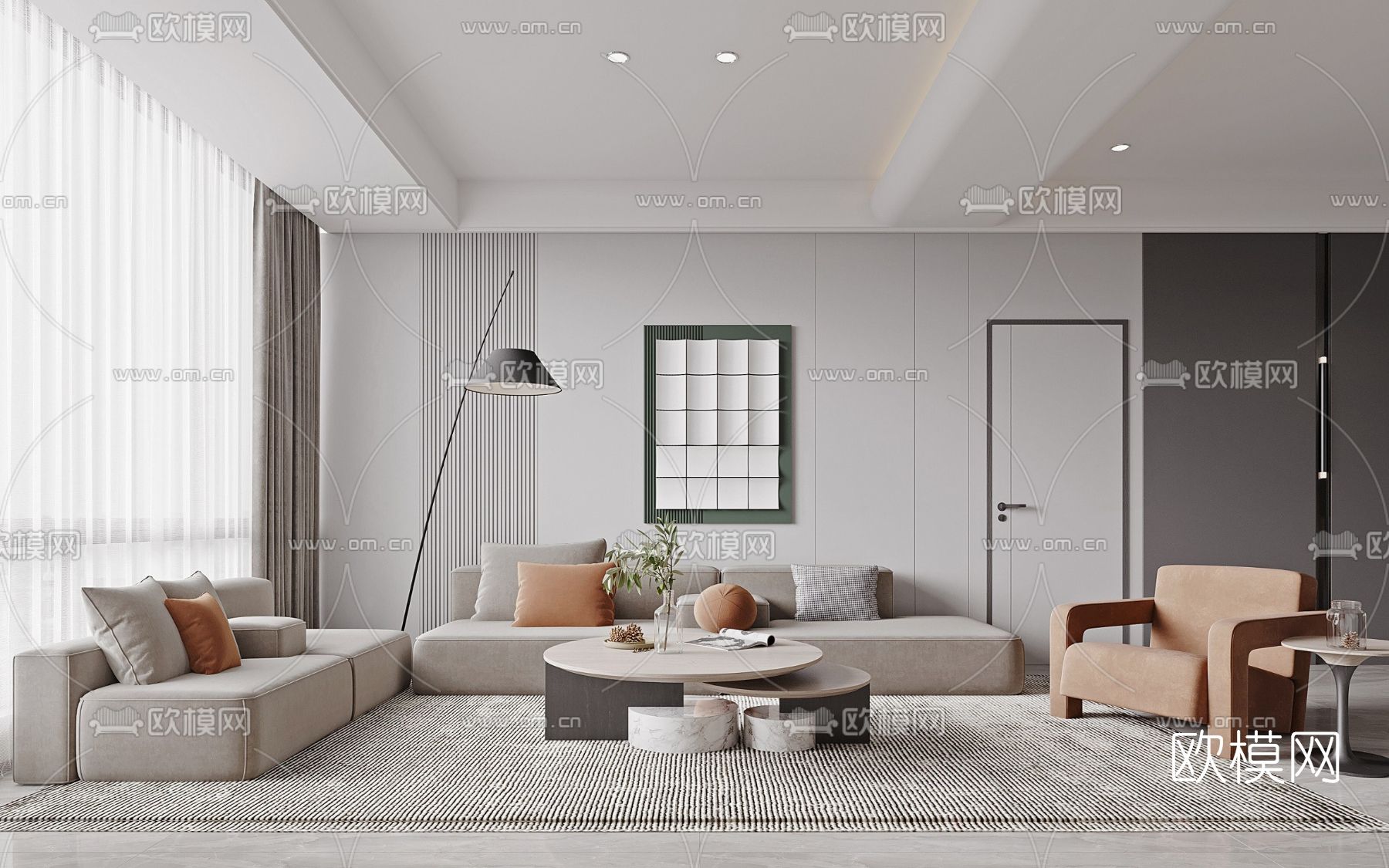 现代客厅餐厅3d模型下载（渲染图1）