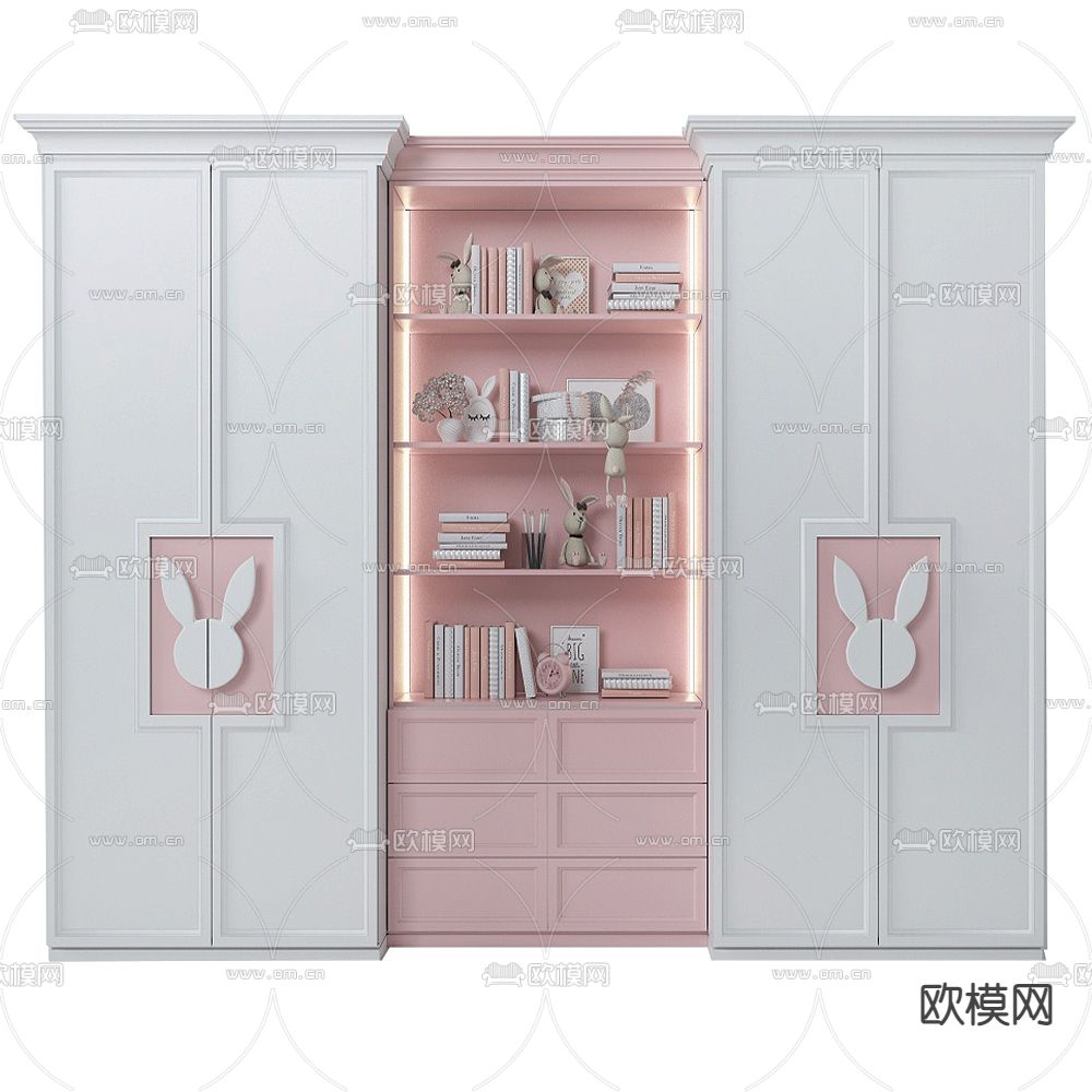 现代儿童衣柜书柜3d模型下载（渲染图1）