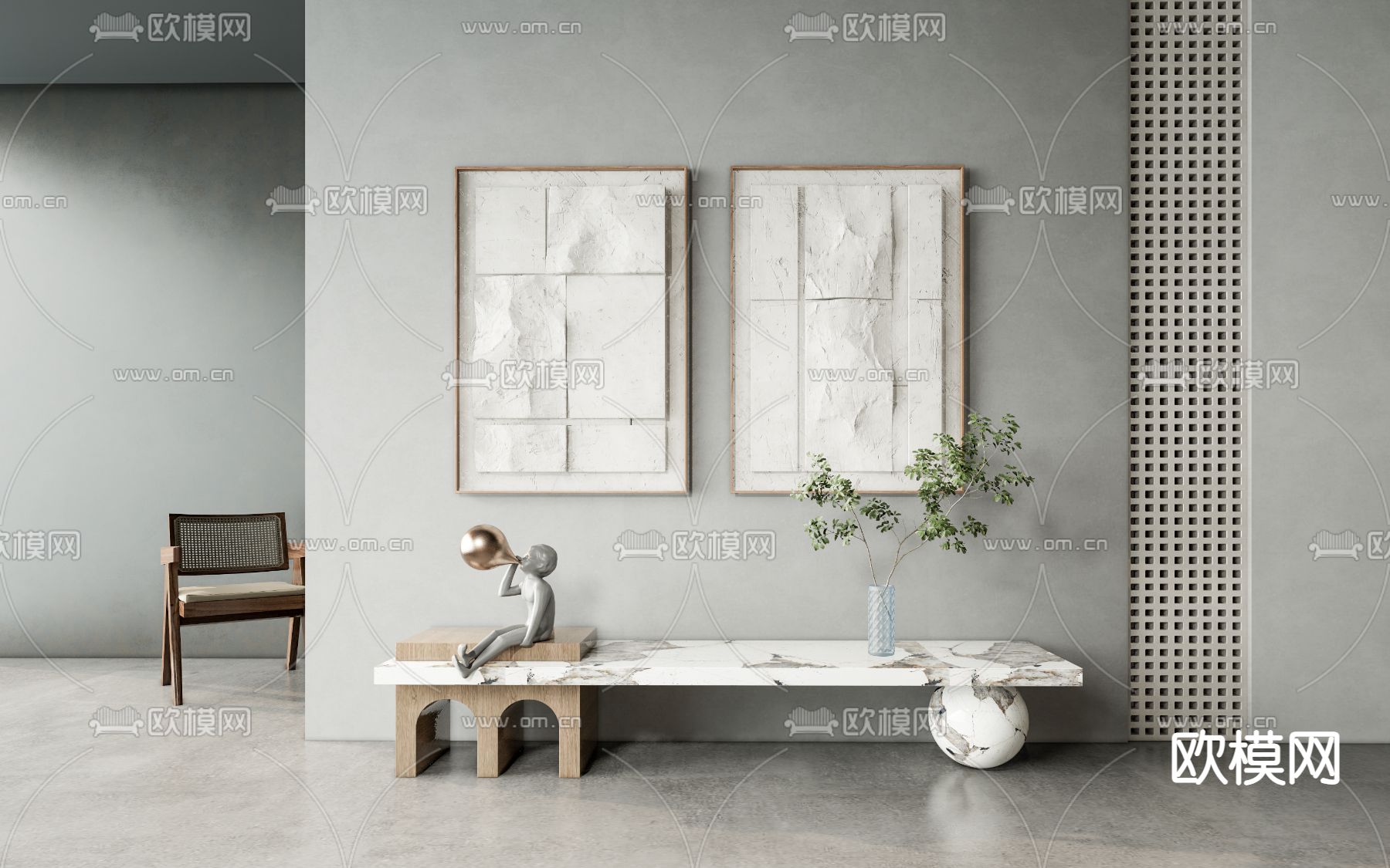 现代挂画茶几su模型下载（渲染图1）