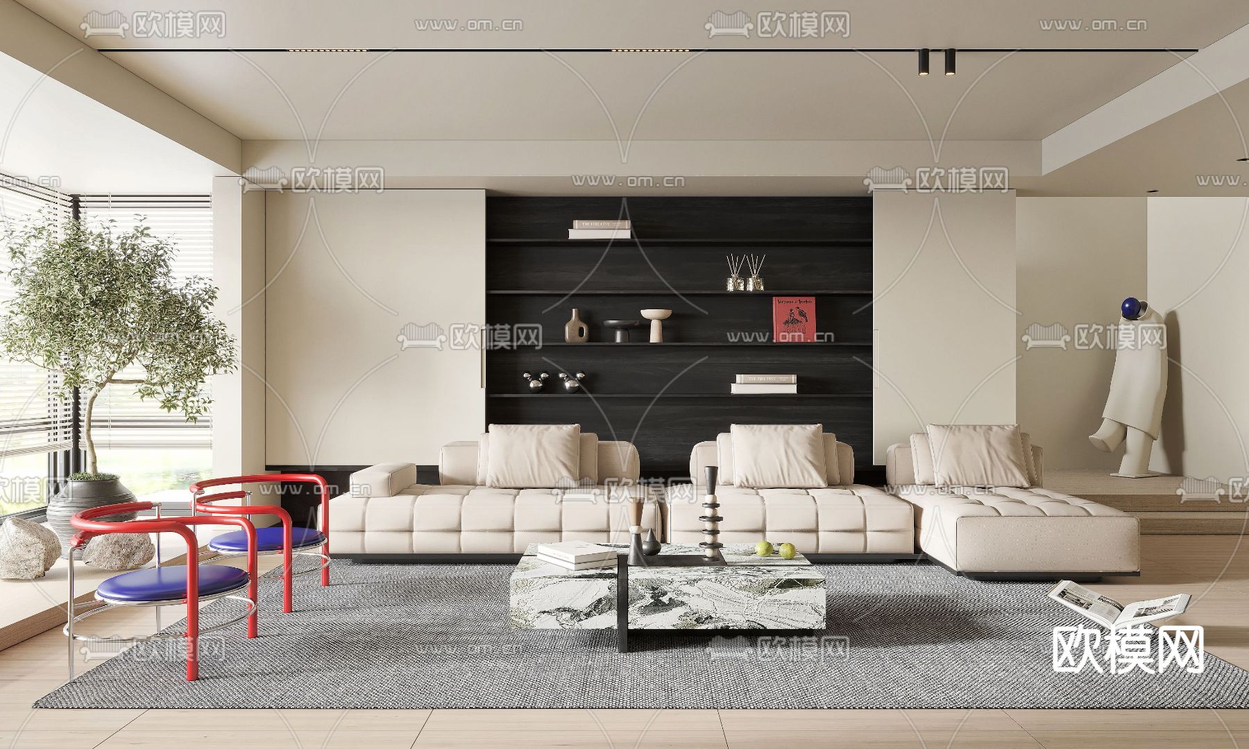 现代布艺沙发组合3d模型下载（渲染图1）