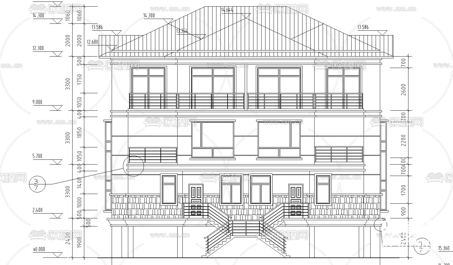 两套仿古别墅建筑图CAD施工图下载（渲染图1）