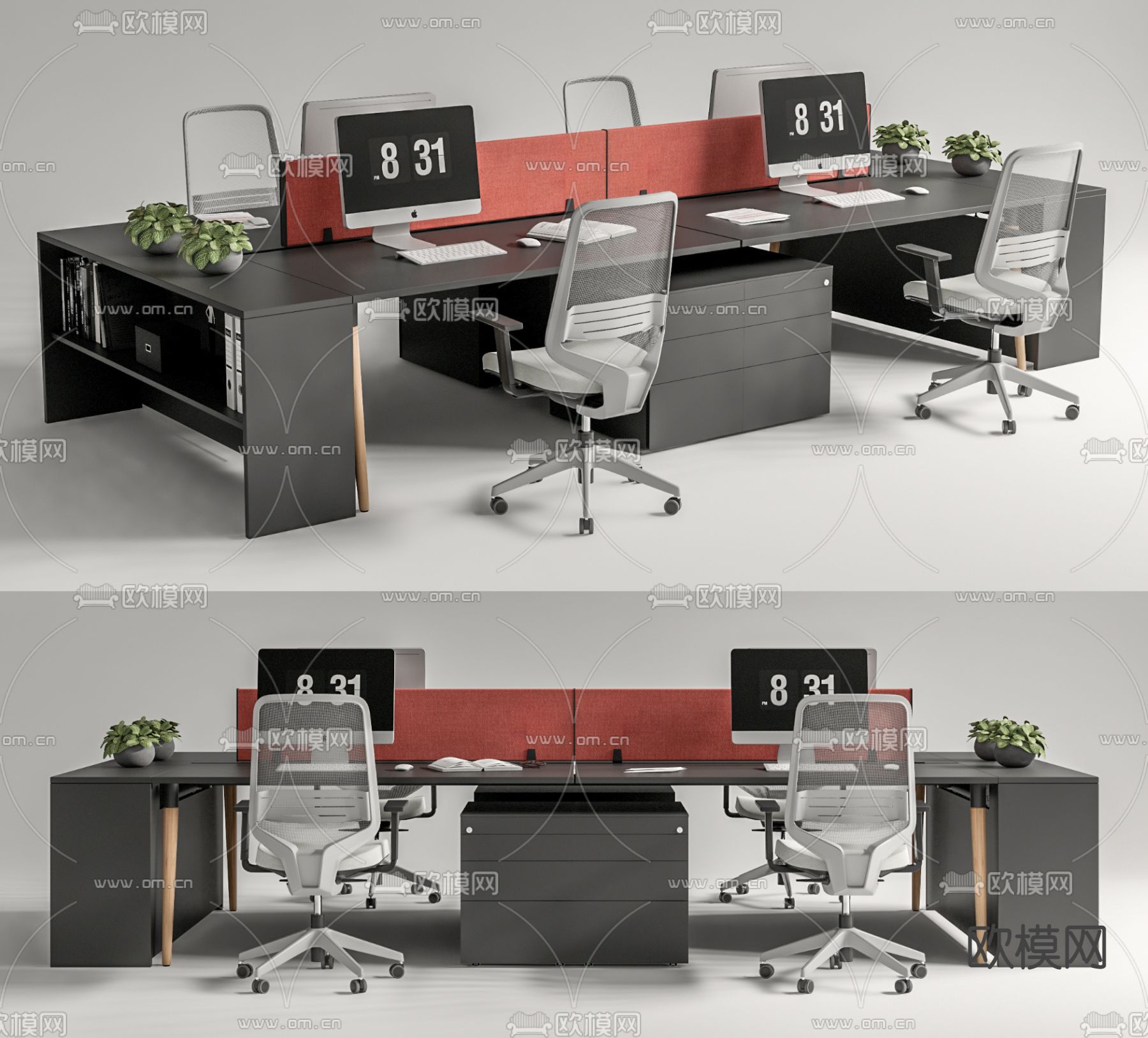 现代员工办公桌椅su模型下载（渲染图1）