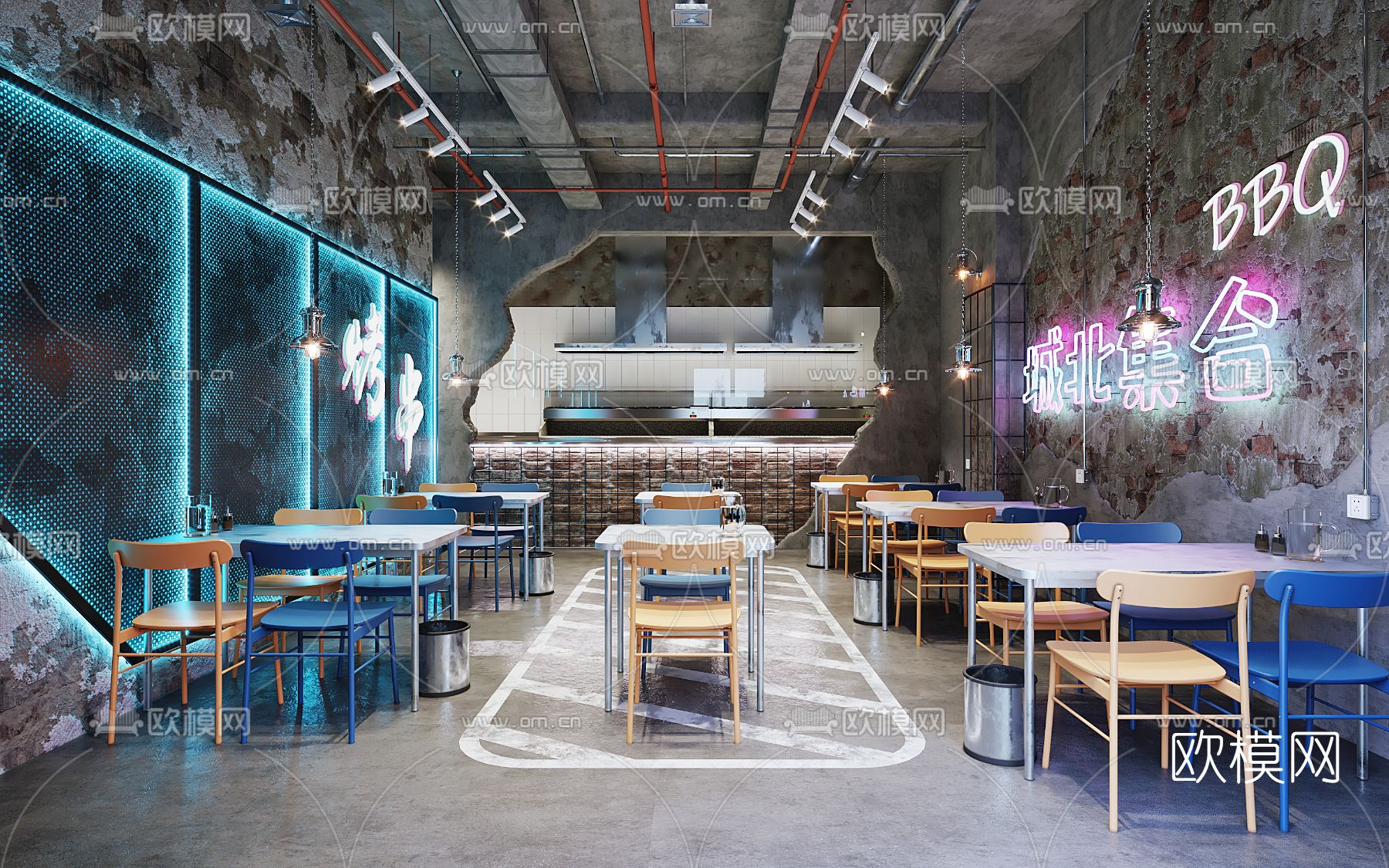 工业风烧烤店3d模型下载（渲染图1）