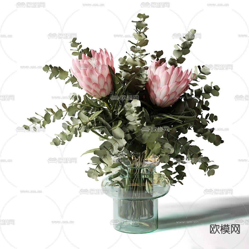 现代尤加利叶莲花水培花瓶3d模型下载（渲染图1）