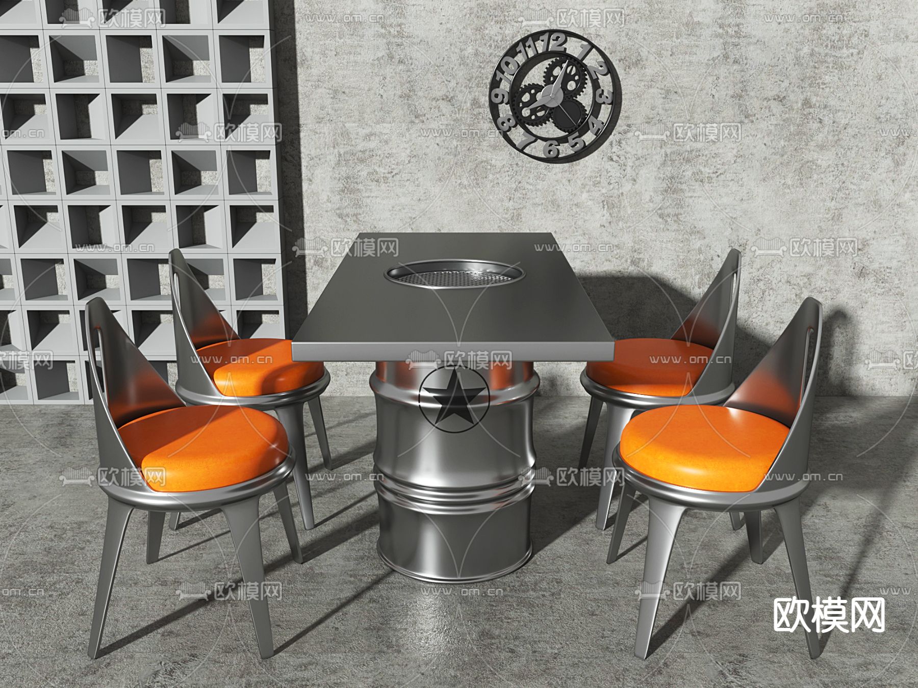 工业风火锅餐桌椅3d模型下载（渲染图1）