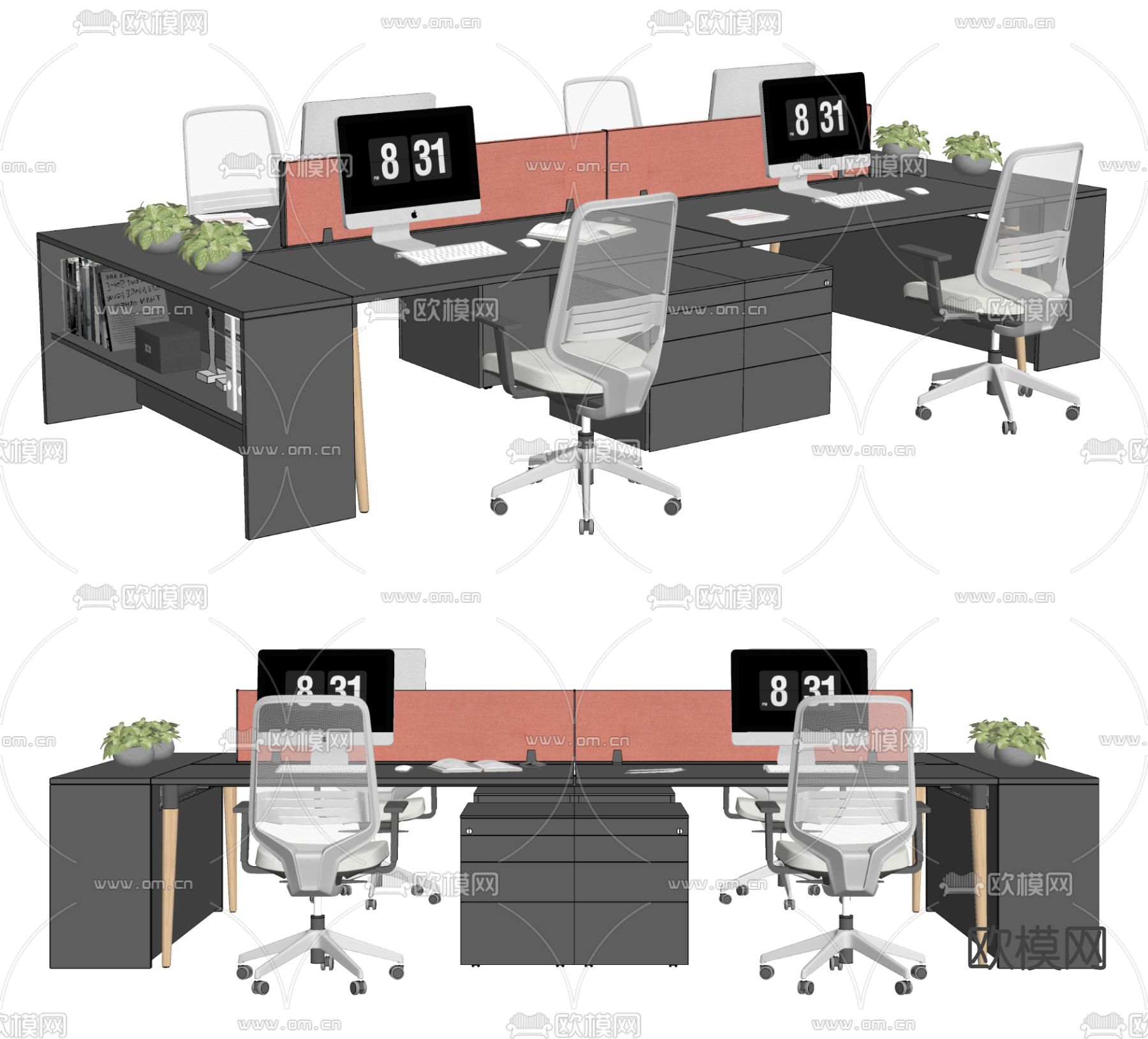 现代员工办公桌椅su模型下载（渲染图2）