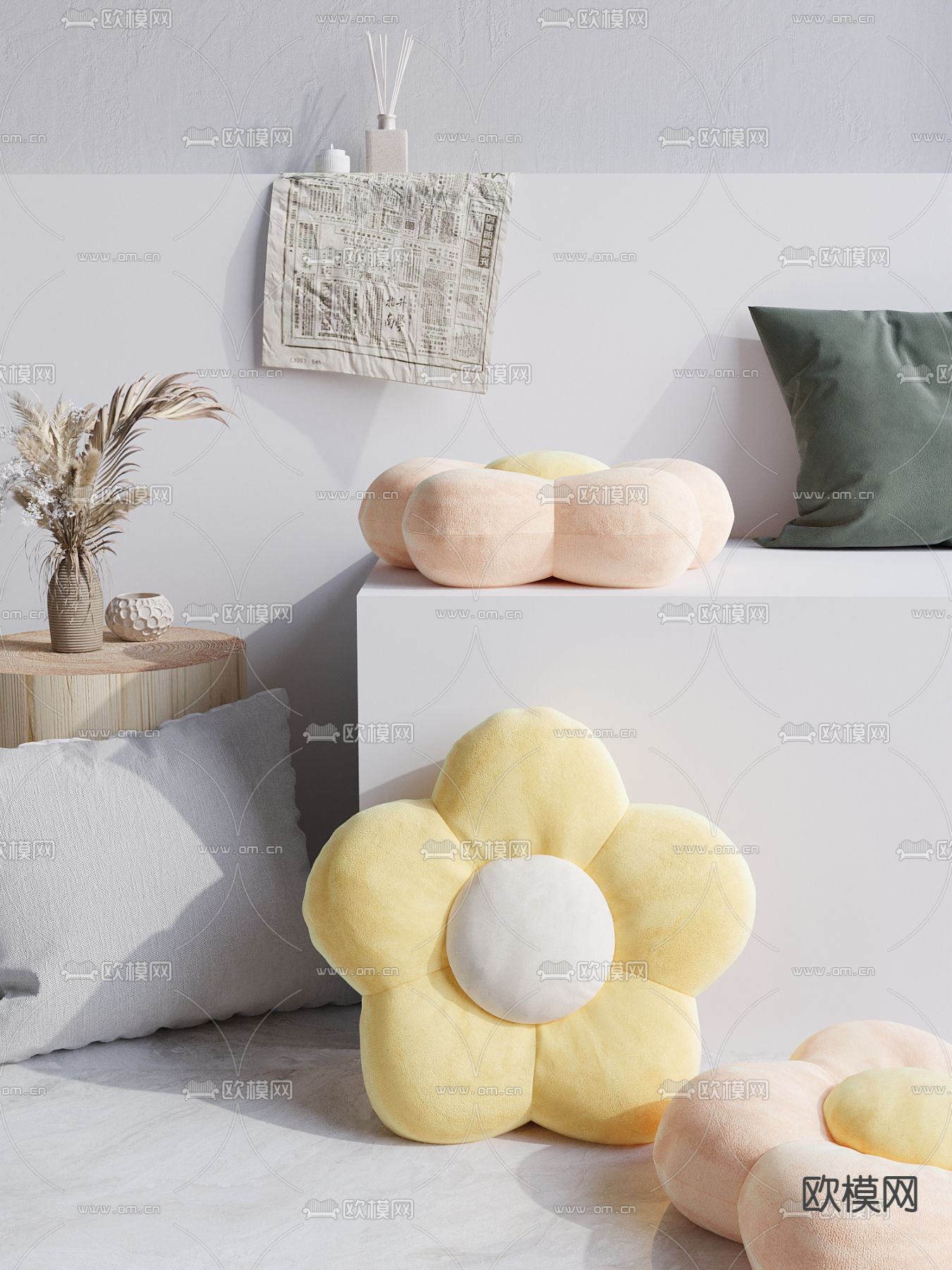 现代布艺花朵抱枕3d模型下载