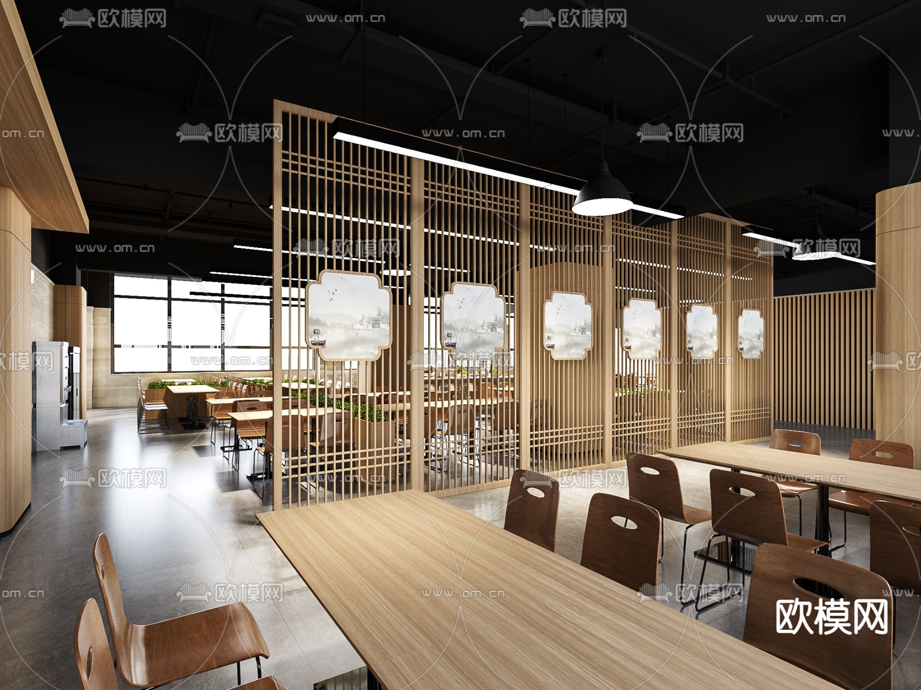 新中式员工食堂3d模型下载（渲染图2）