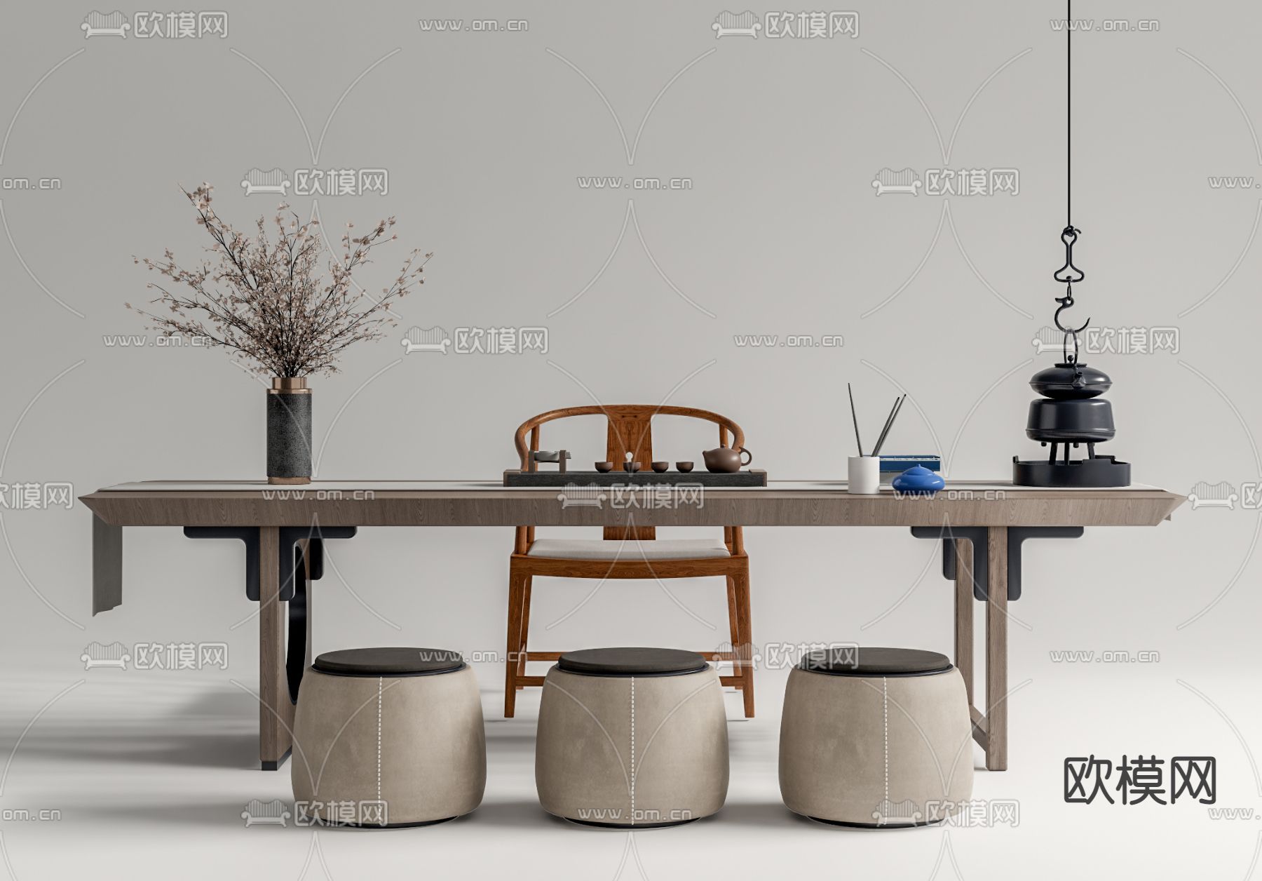 新中式茶桌椅su模型下载（渲染图1）