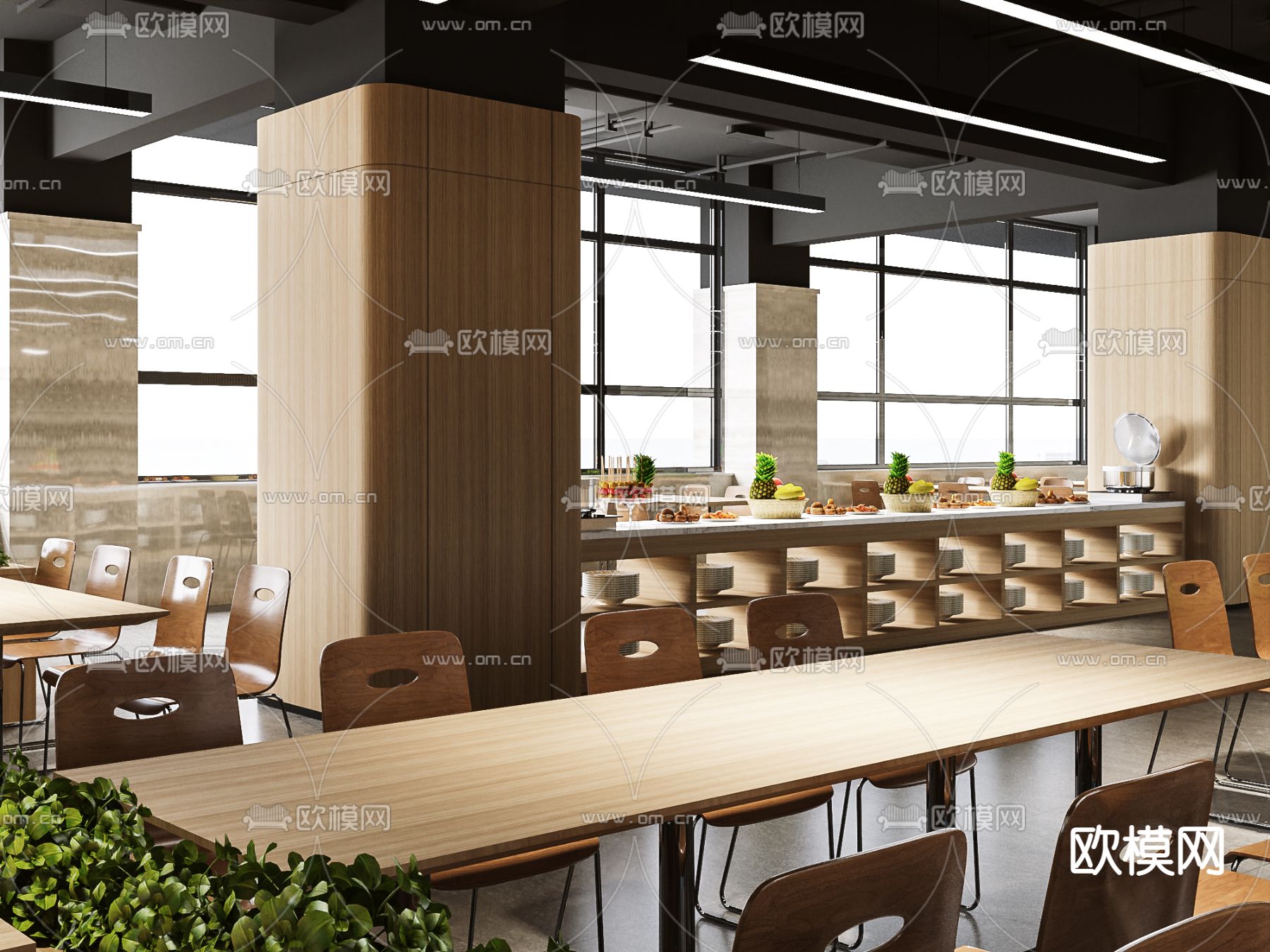 新中式员工食堂3d模型下载（渲染图1）
