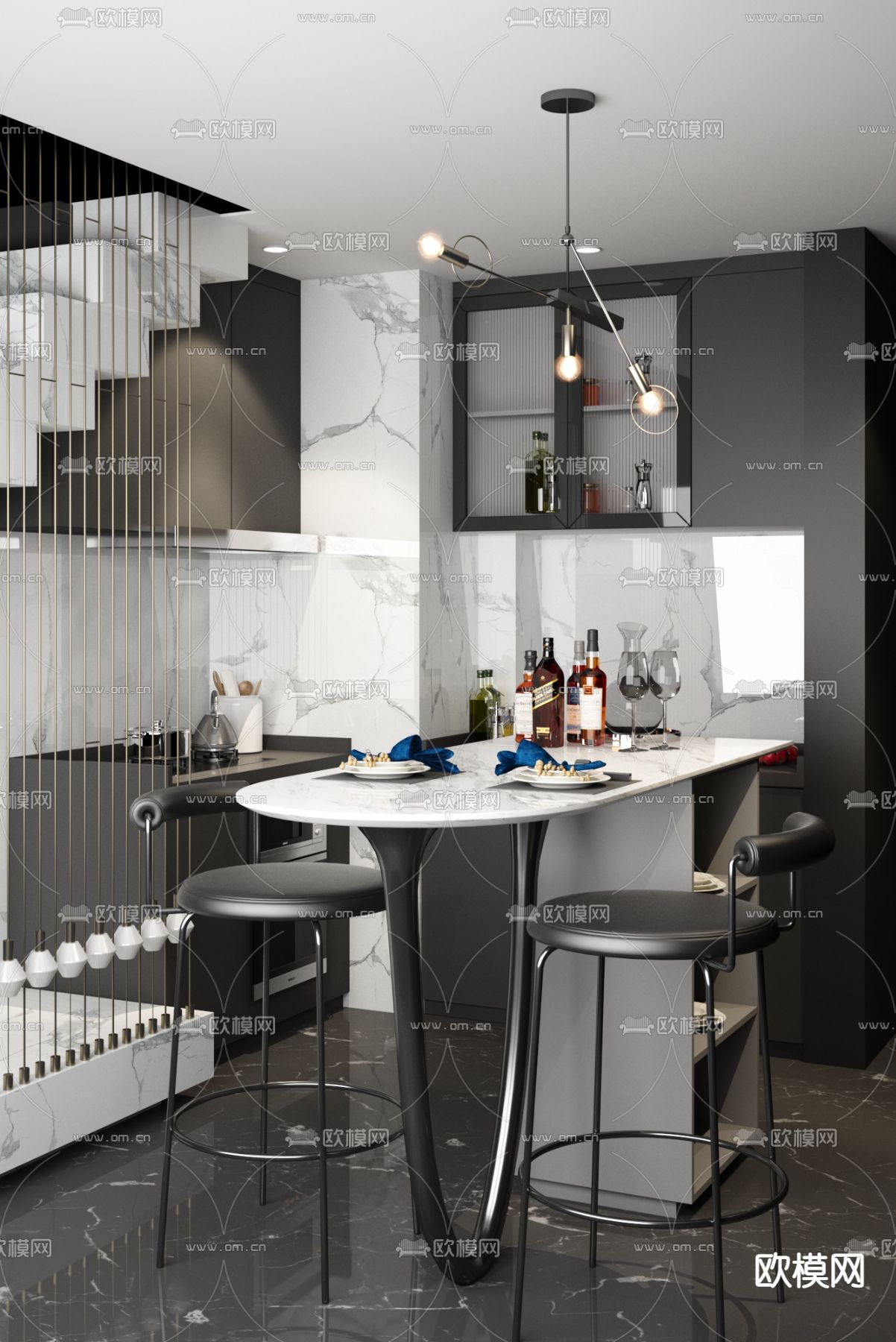 YLHD设计 现代高级灰餐厅3d模型下载