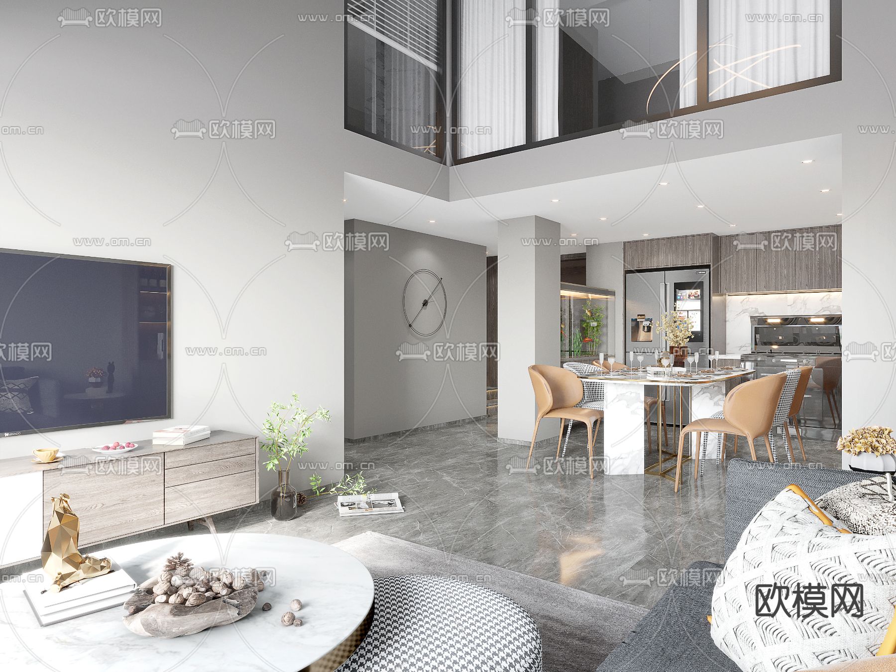 现代别墅大堂餐厅3d模型下载（渲染图1）