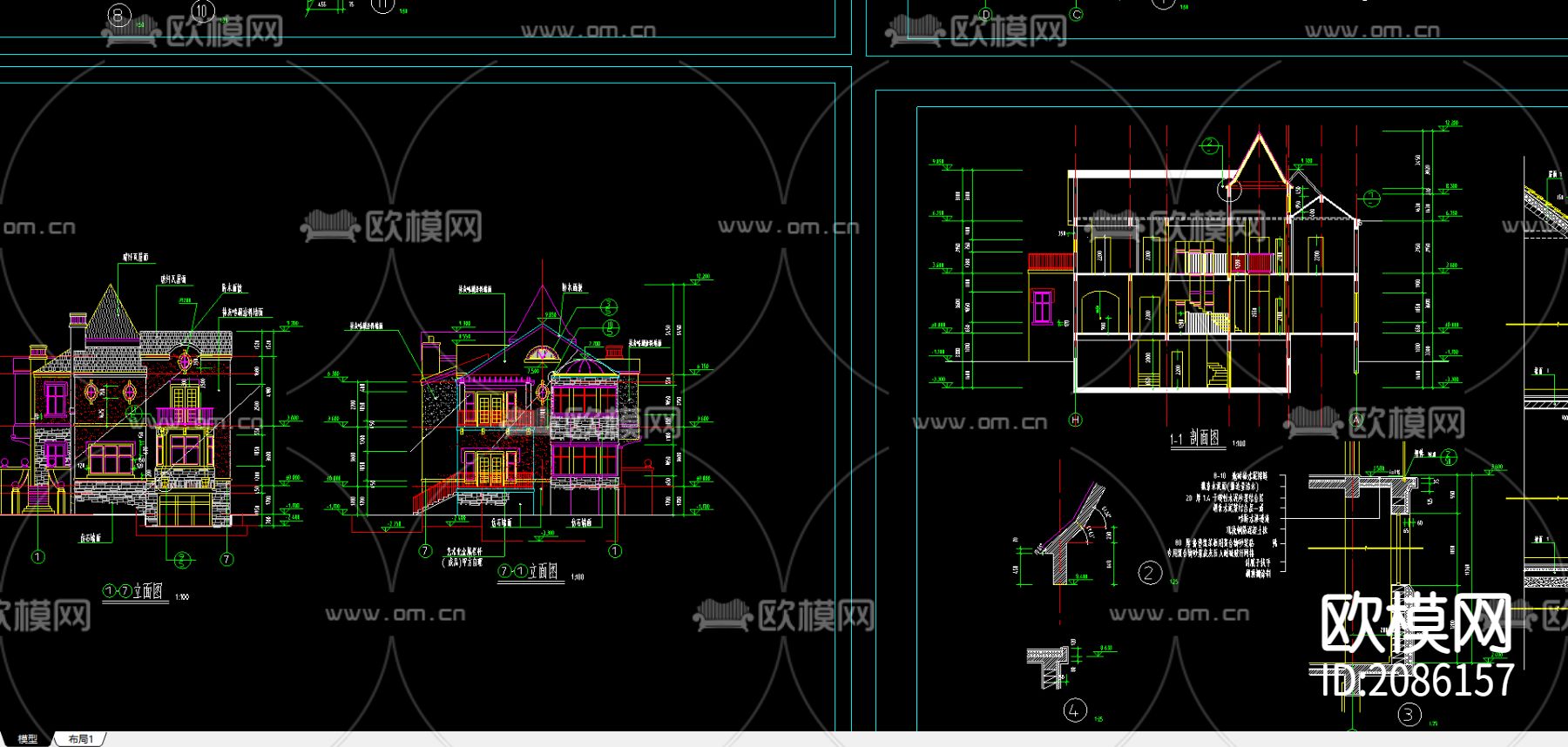 独栋别墅cad施工图下载（渲染图1）