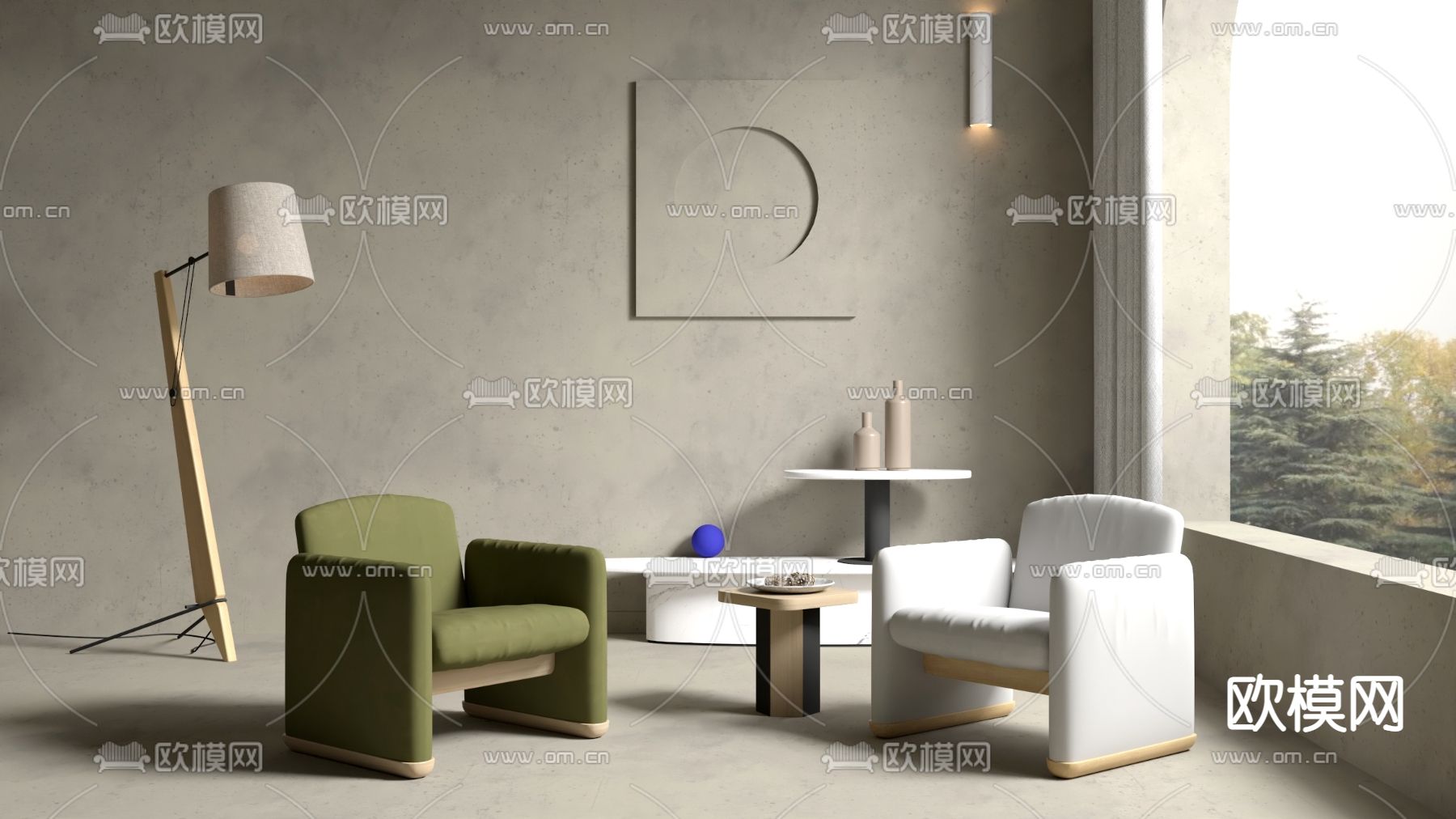 侘寂布艺休闲沙发su模型下载（渲染图1）