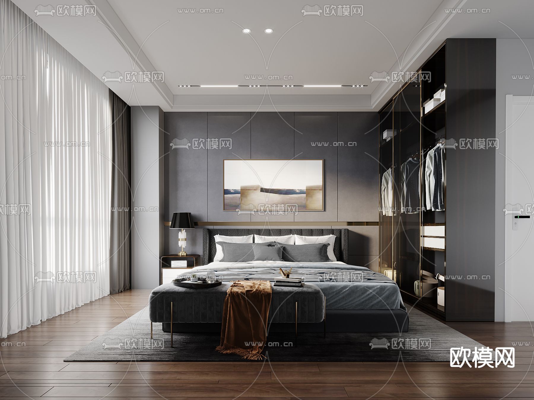现代高级灰卧室3d模型下载_ID11920269_3dmax免费模型-欧模网