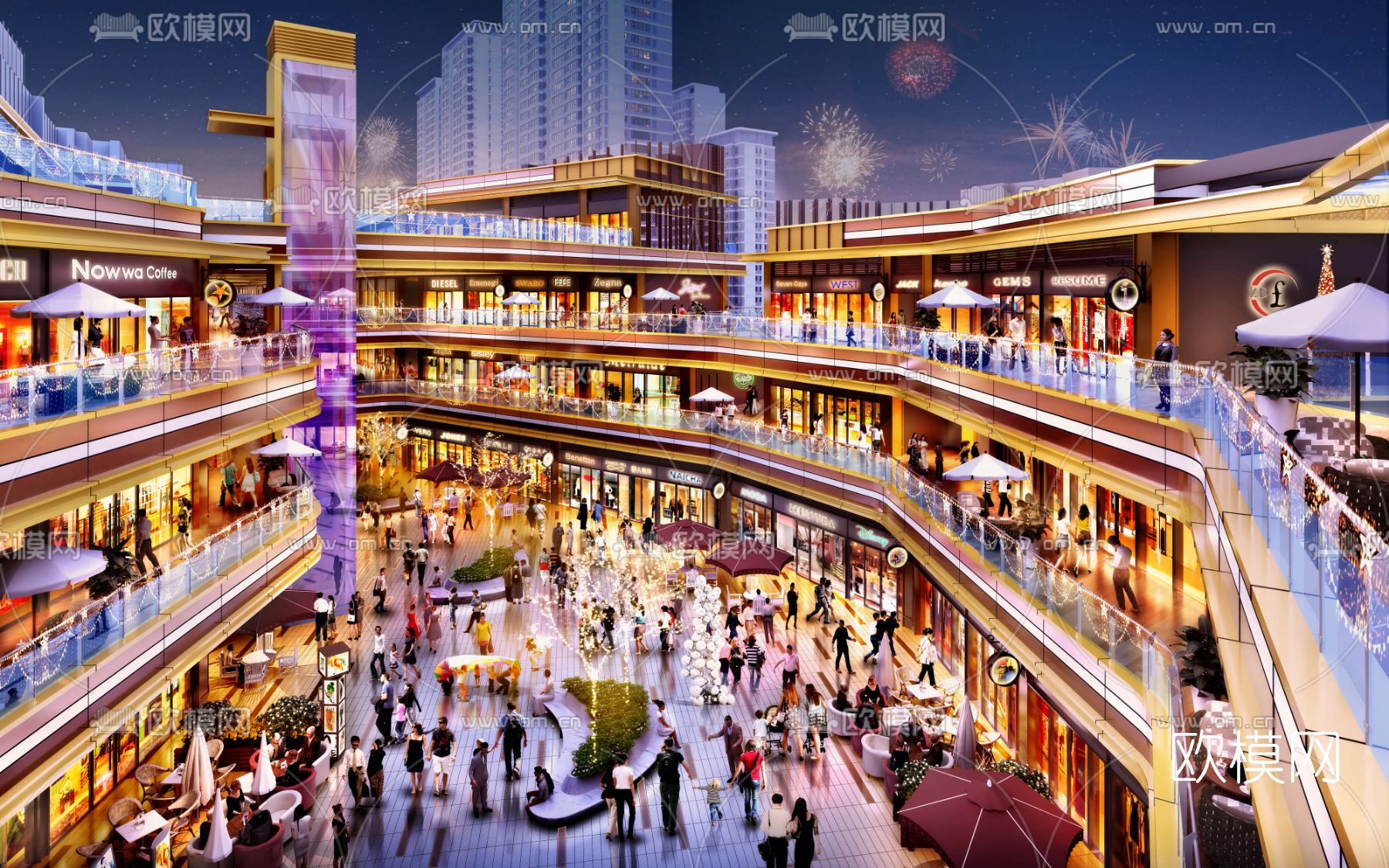 现代商业街夜景3d模型下载