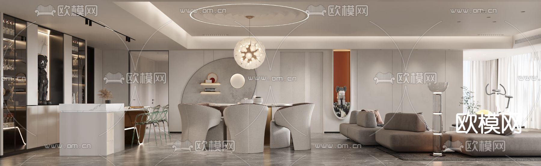 现代客厅餐厅3d模型下载（渲染图2）