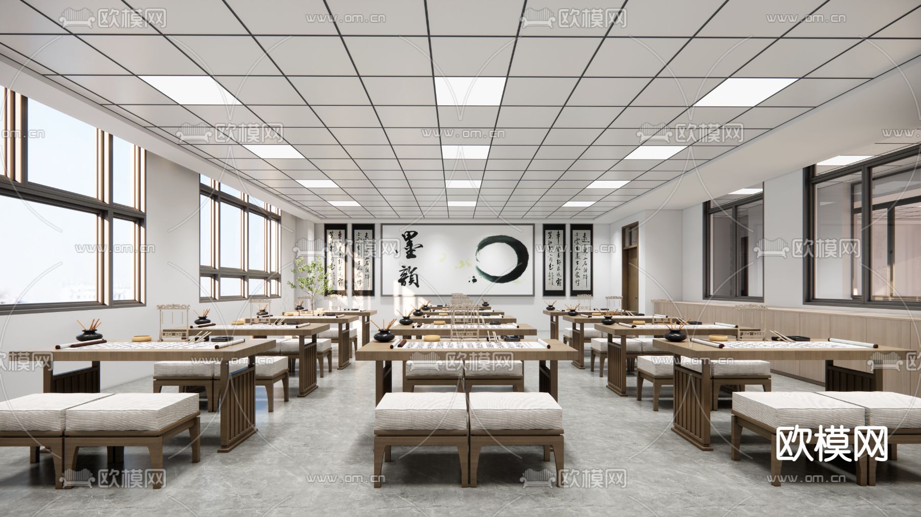现代书法教室su模型下载（渲染图1）