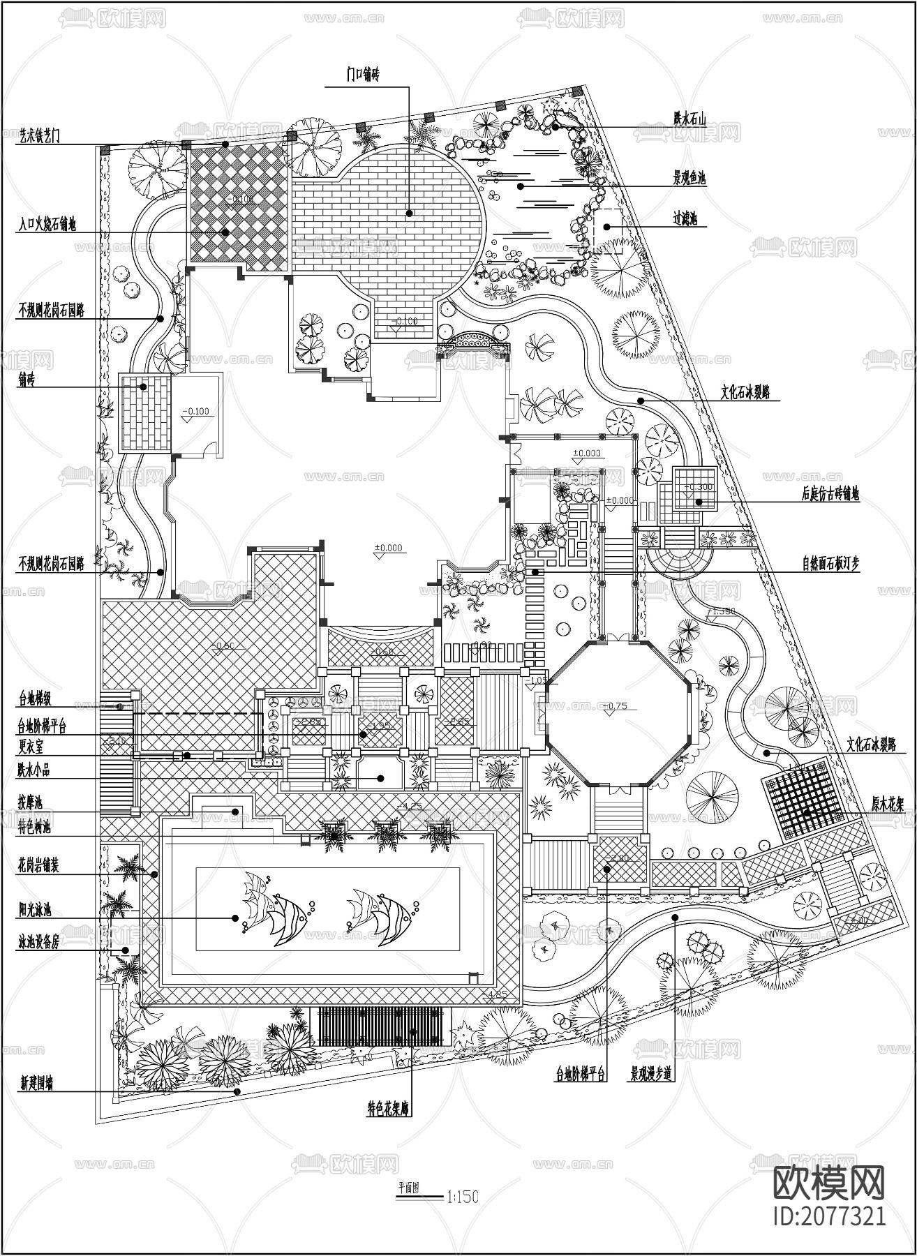 豪华别墅庭院平面方案CAD施工图下载（渲染图2）