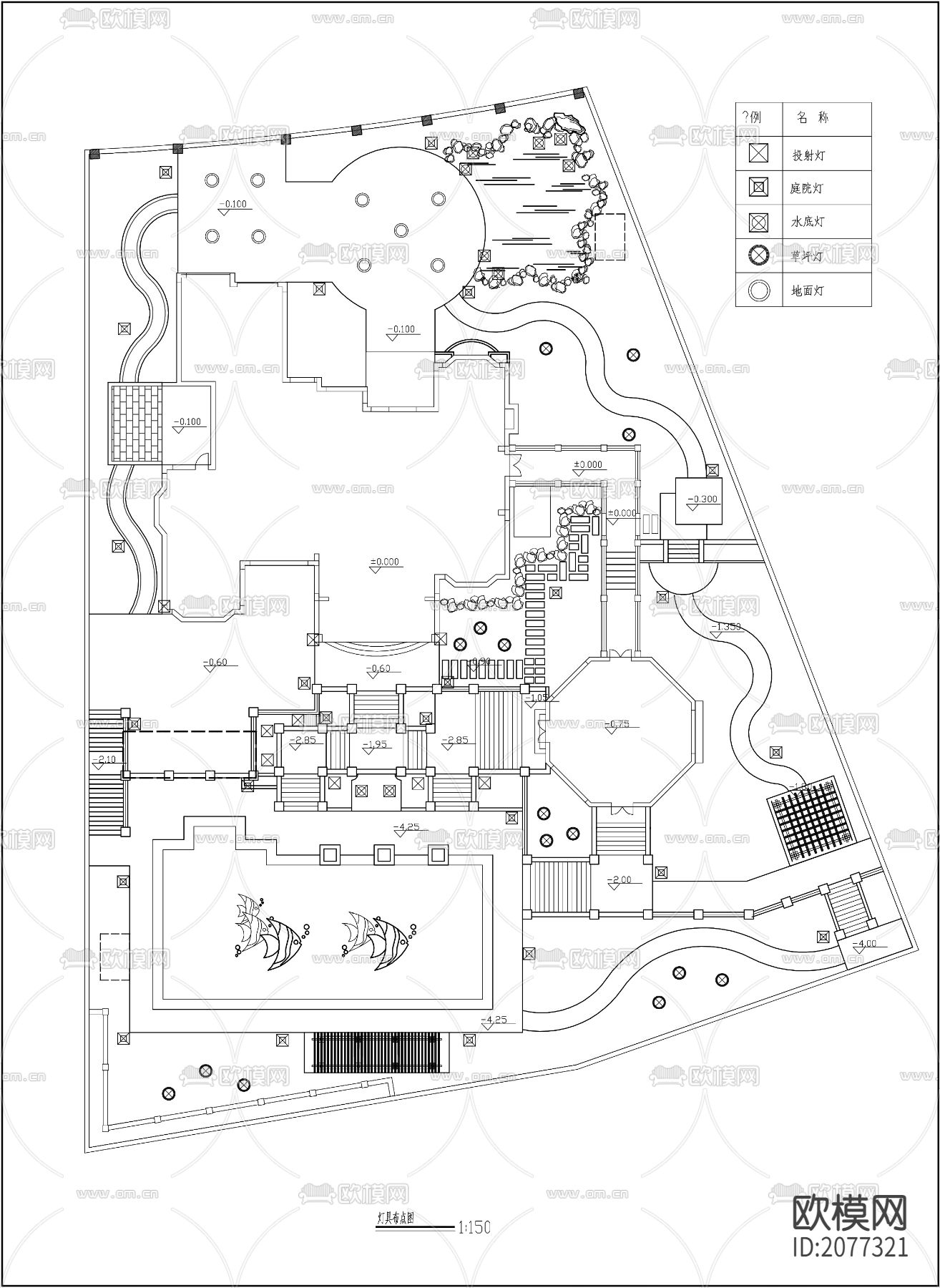 豪华别墅庭院平面方案CAD施工图下载（渲染图4）