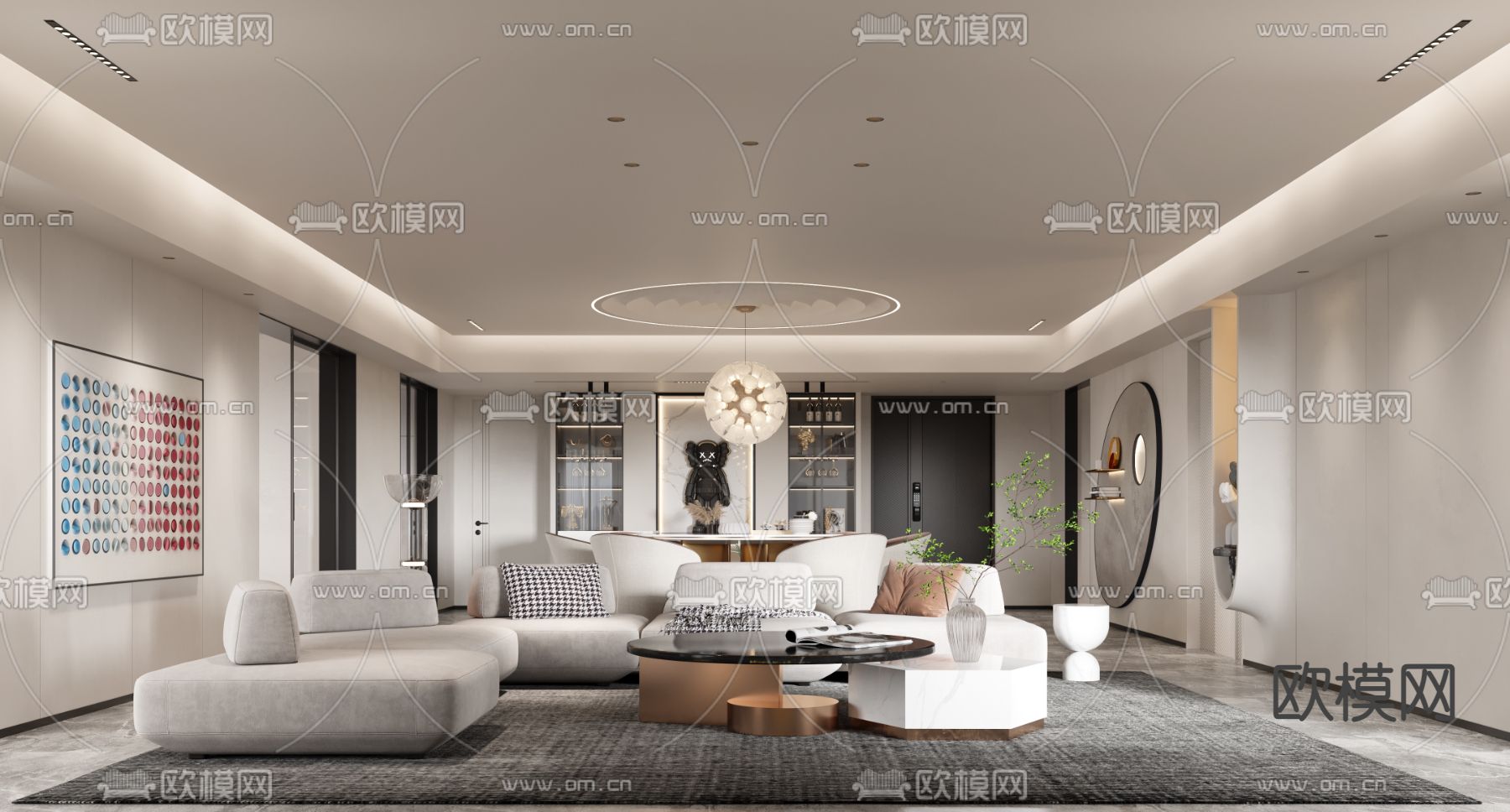 现代客厅餐厅3d模型下载（渲染图1）