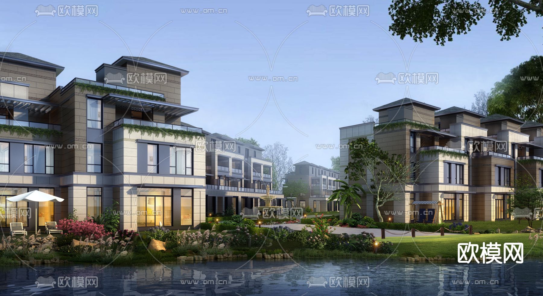 新中式联排别墅外观3d模型下载