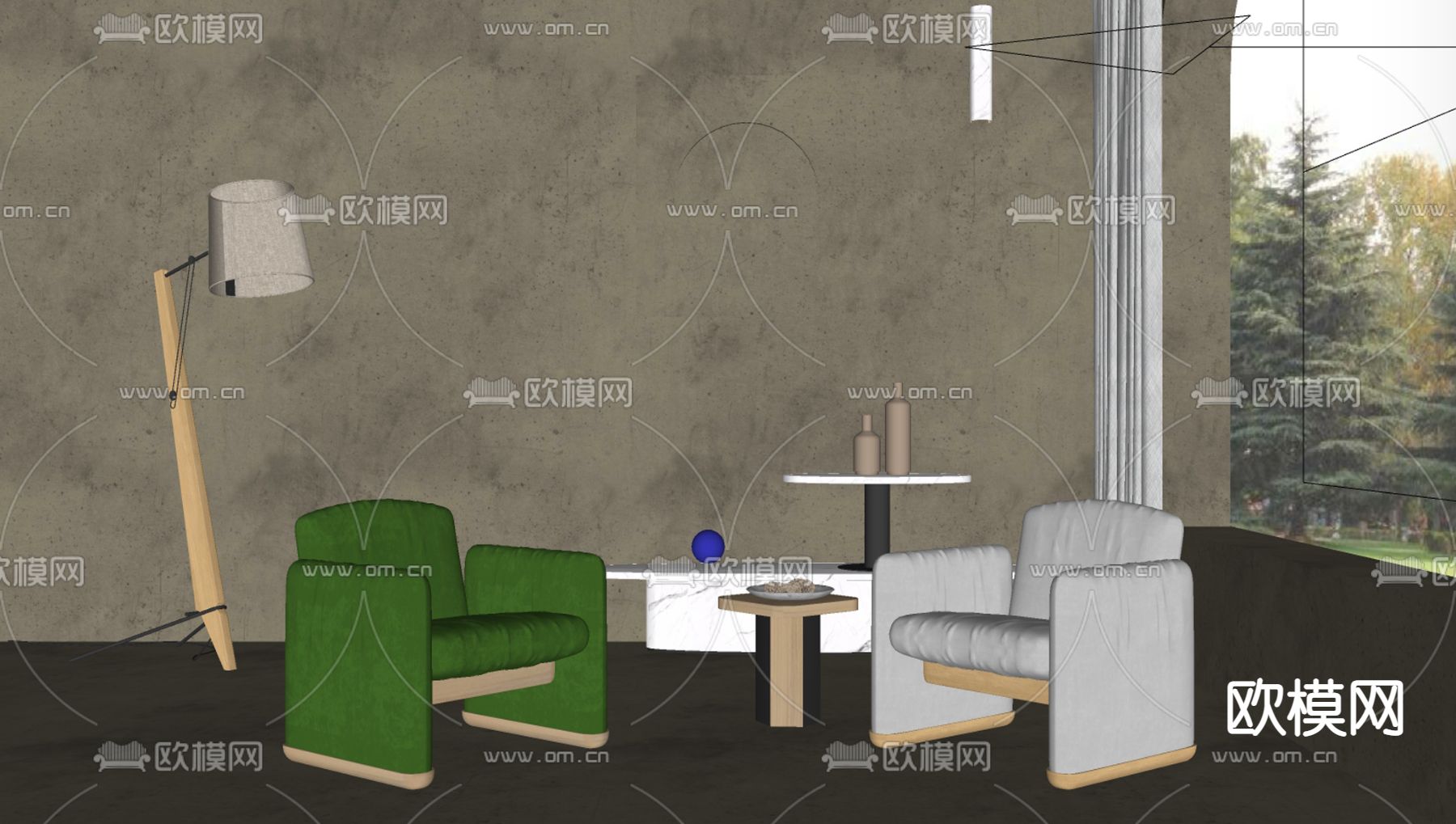 侘寂布艺休闲沙发su模型下载（渲染图2）