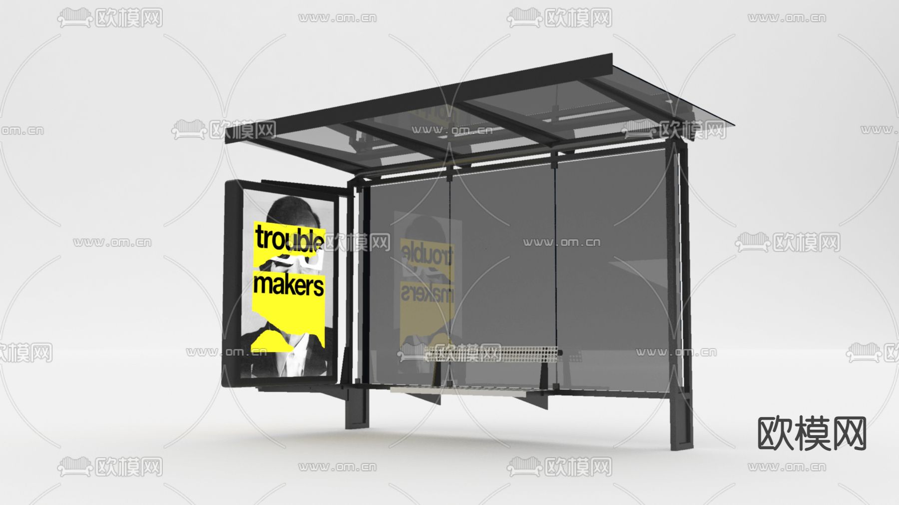 现代简约铝合金玻璃公交车站免费3d模型下载