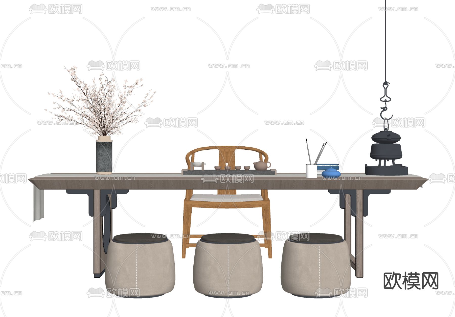 新中式茶桌椅su模型下载（渲染图2）