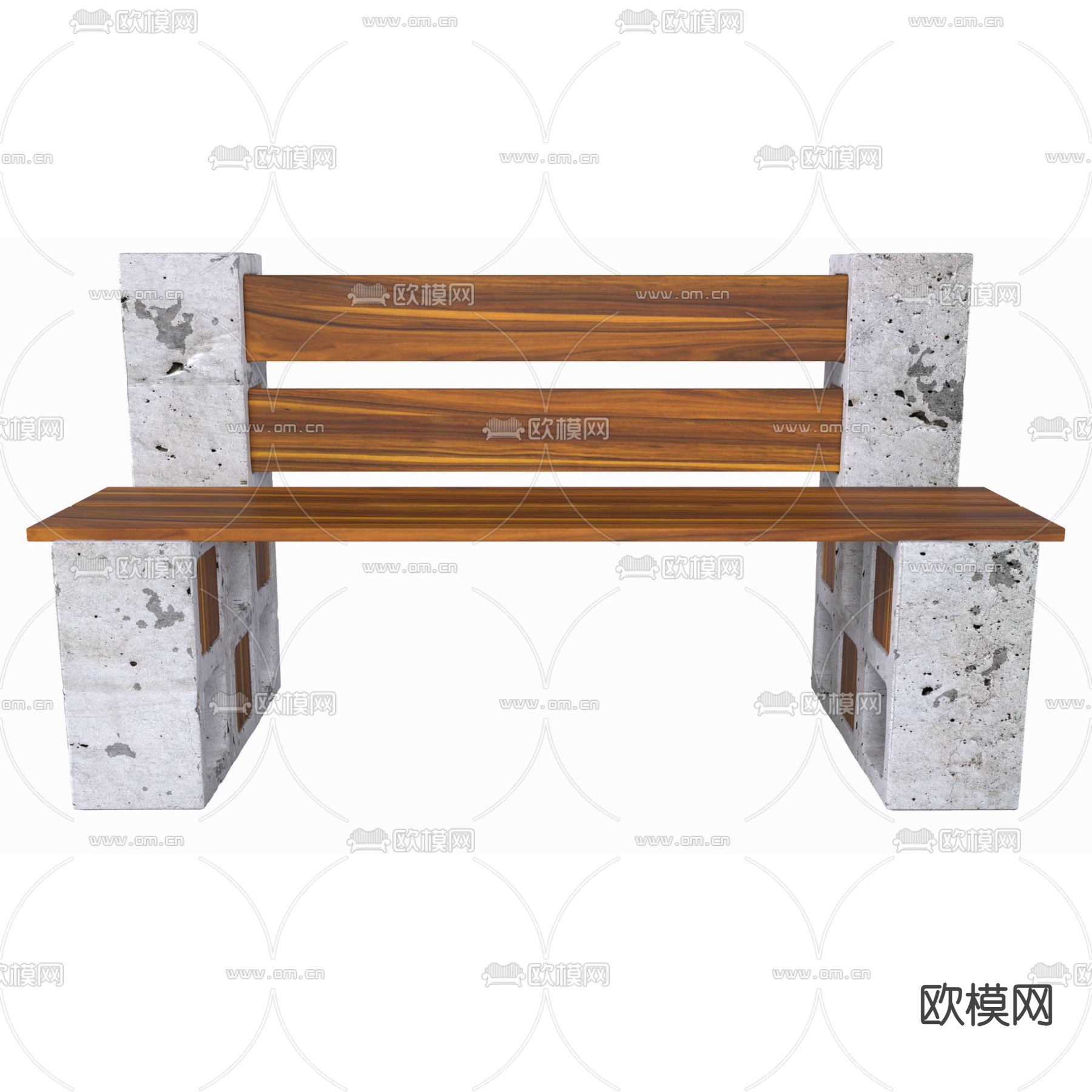 北欧简约实木水泥户外公用椅免费3d模型下载