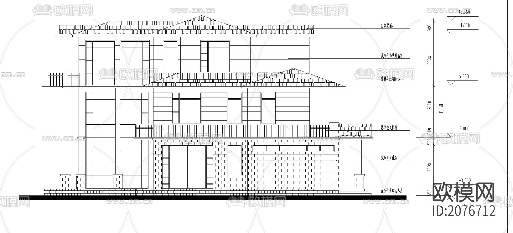 别墅区平面设计平立面CAD图下载（渲染图1）