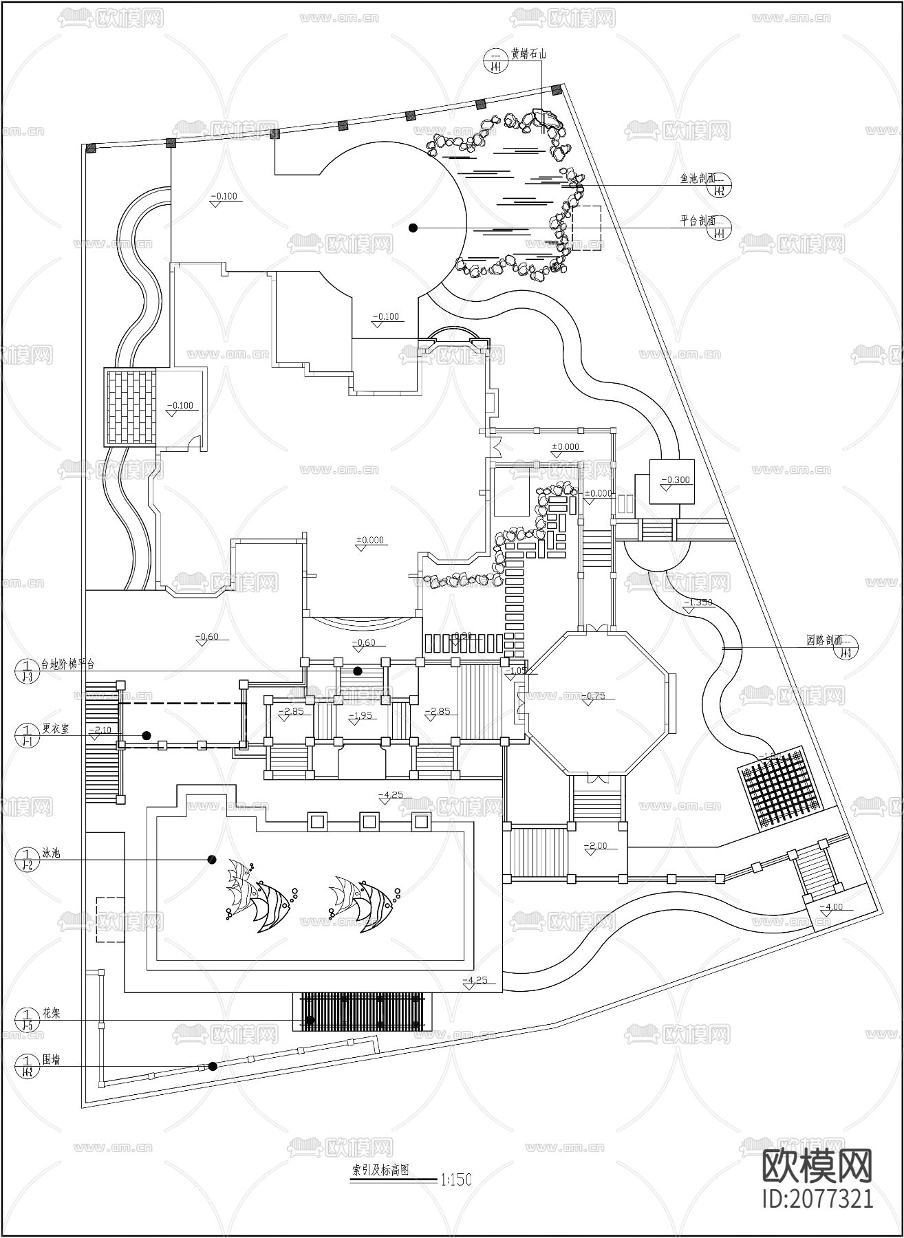 豪华别墅庭院平面方案CAD施工图下载（渲染图1）