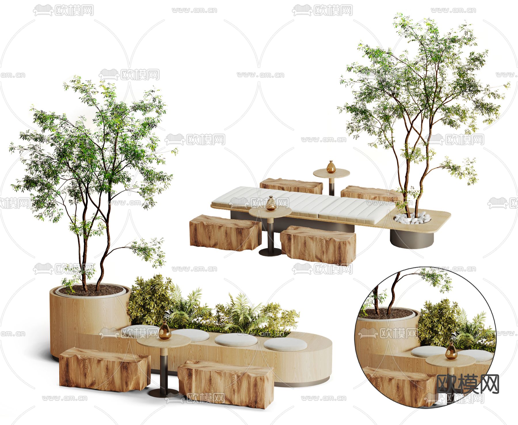 侘寂风实木公共椅3d模型下载（渲染图1）