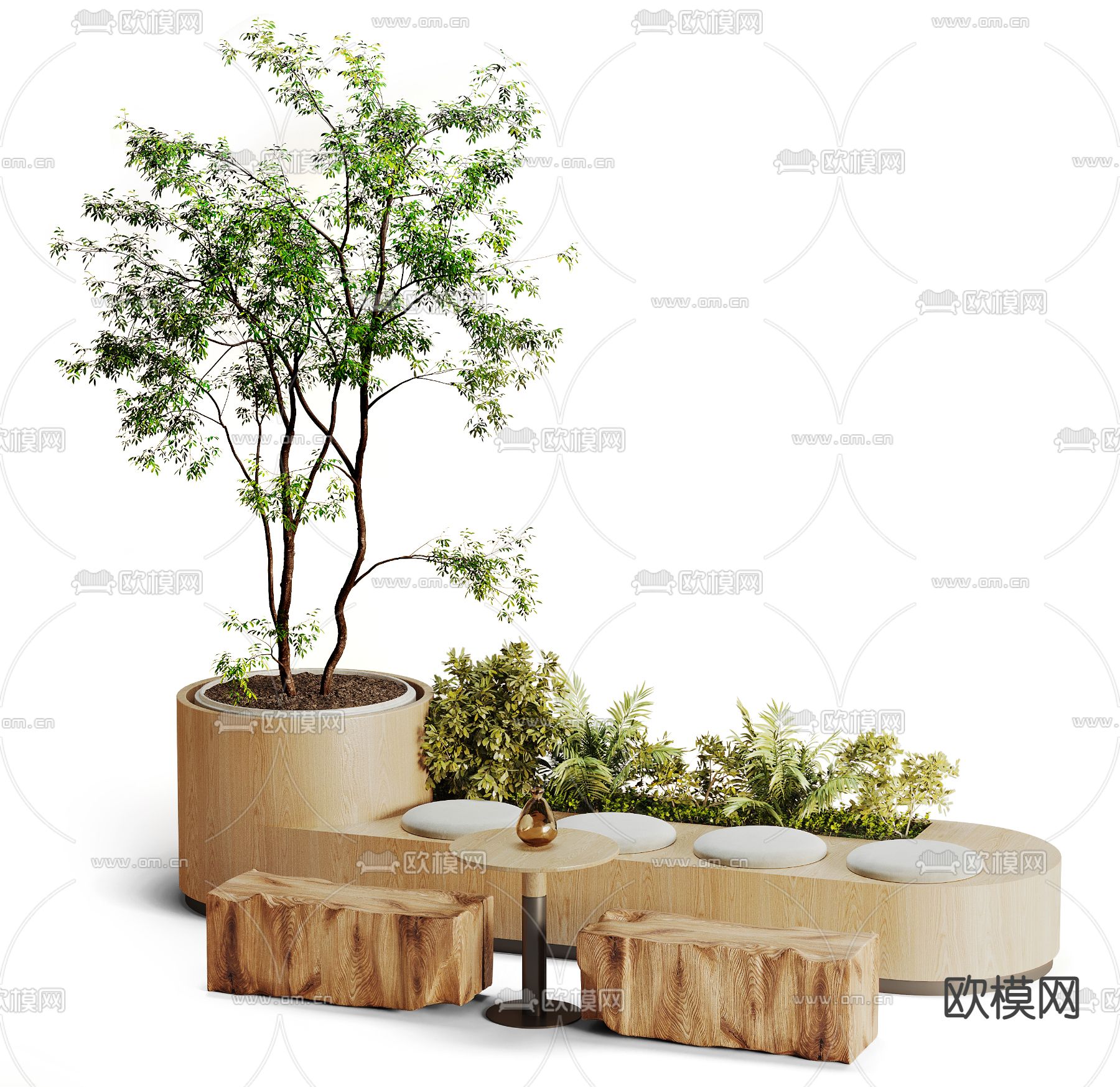 侘寂风实木公共椅3d模型下载（渲染图2）