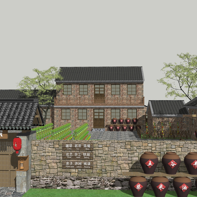  中式乡村民宿su模型 