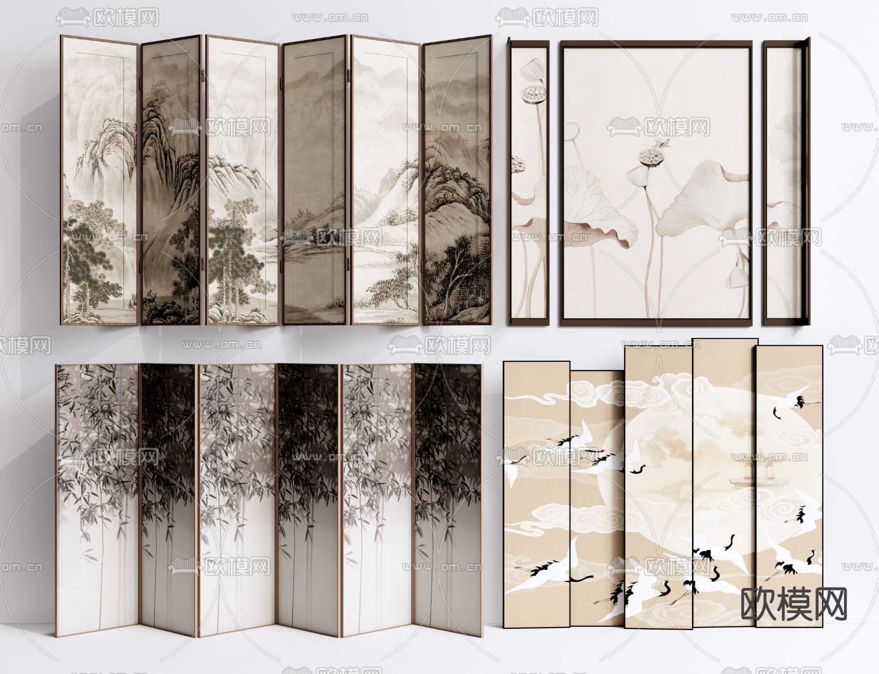 新中式折叠屏风隔断su模型下载（渲染图1）