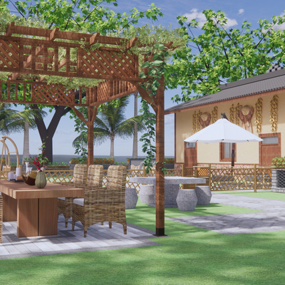  现代乡村民宿庭院su模型 