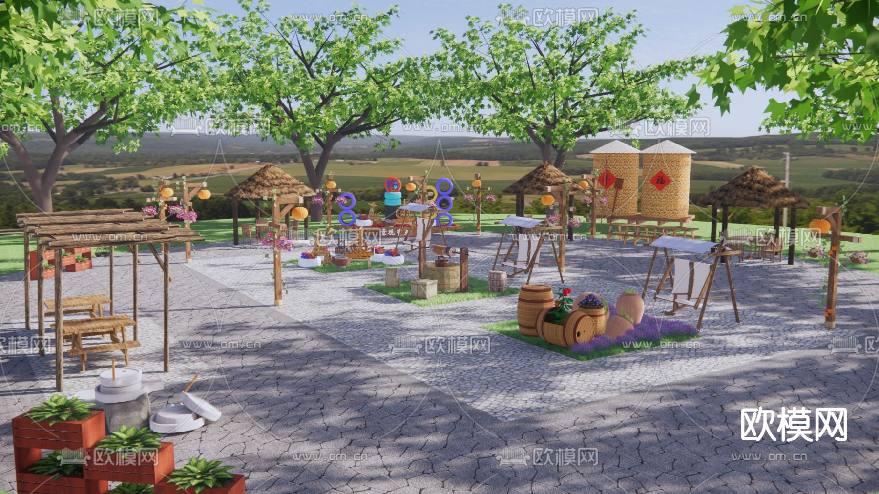 中式乡村农耕庭院su模型下载（渲染图1）