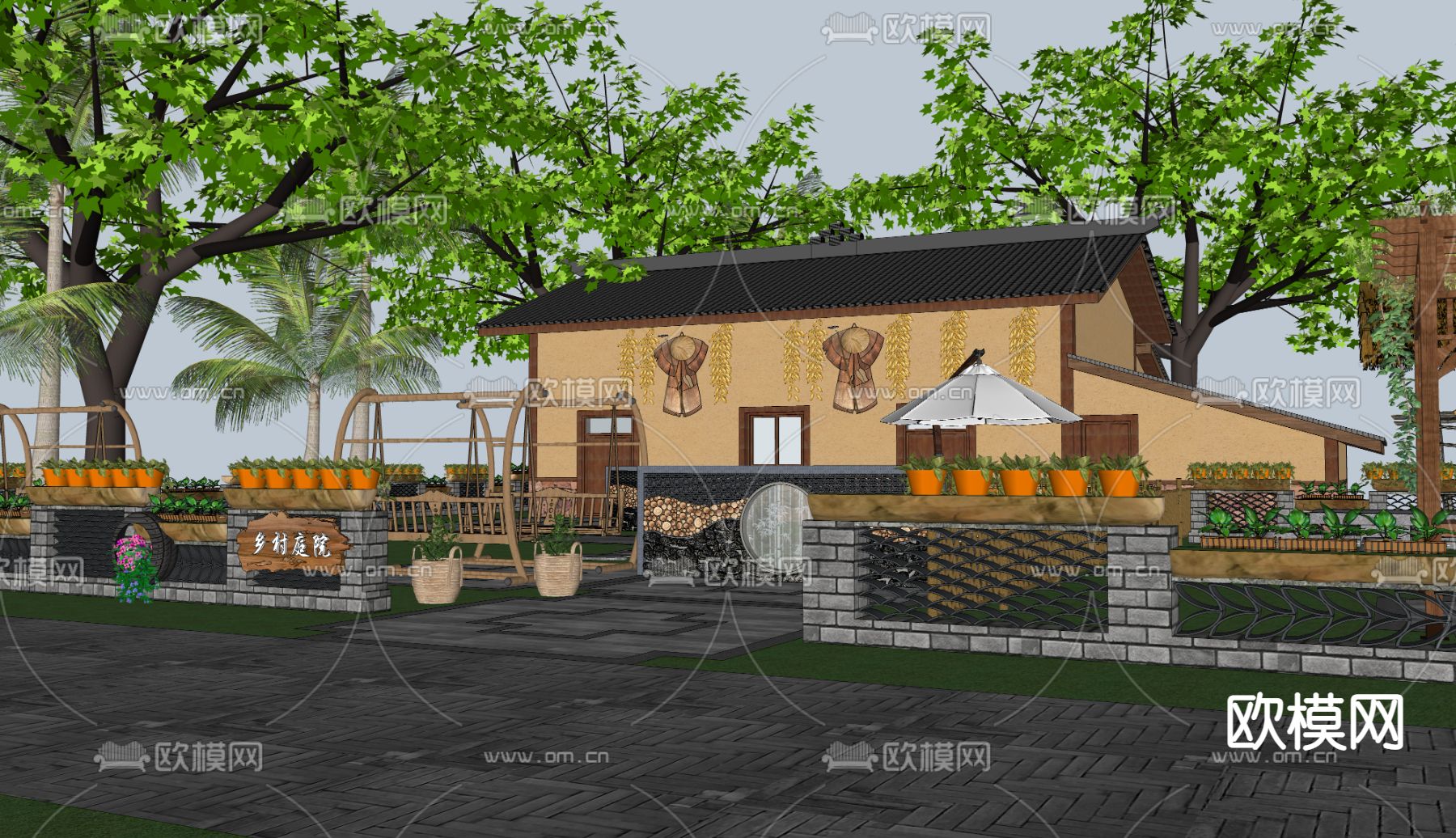 现代乡村民宿庭院su模型下载（渲染图3）