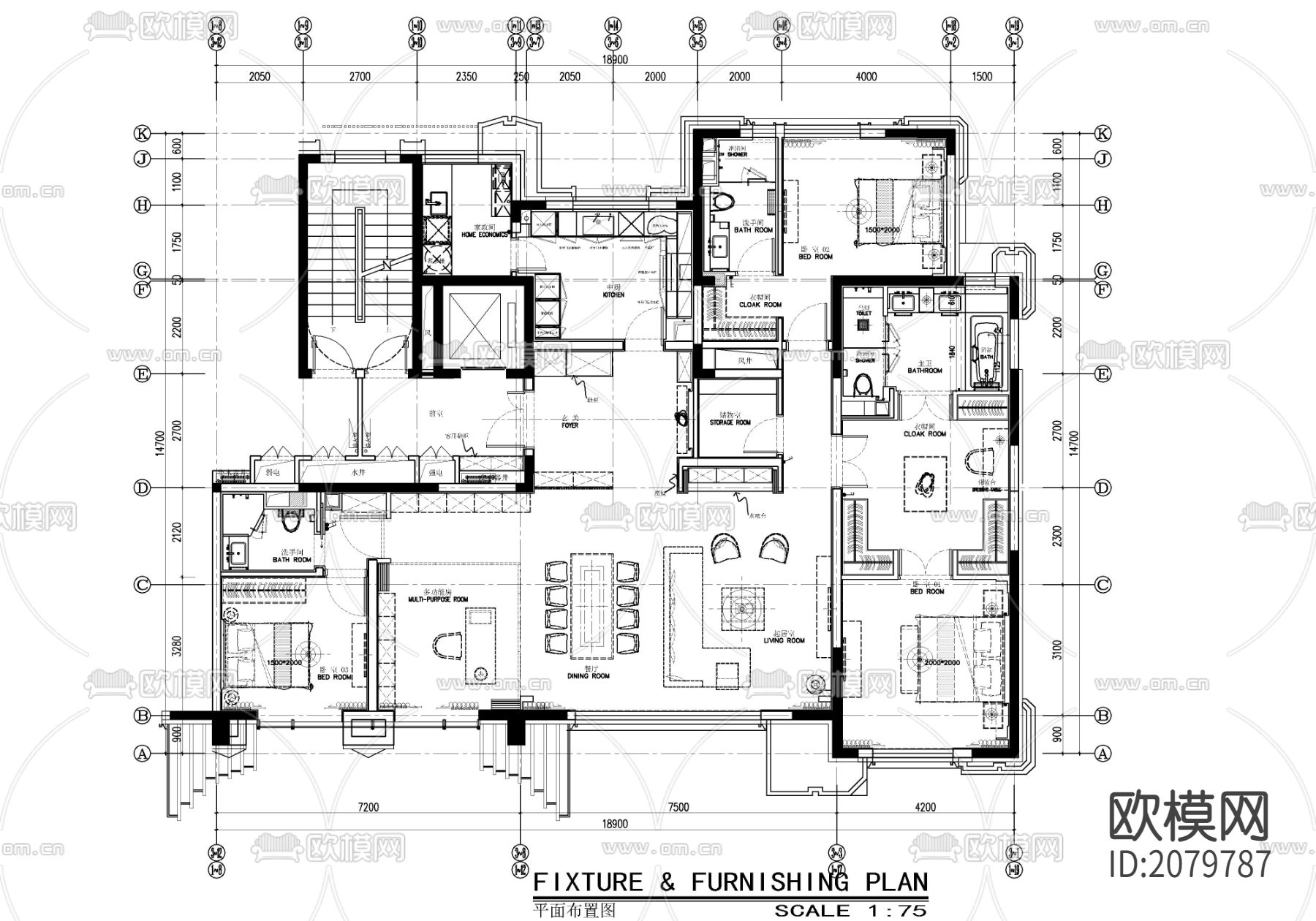 230㎡大平层家装CAD施工图下载（渲染图2）