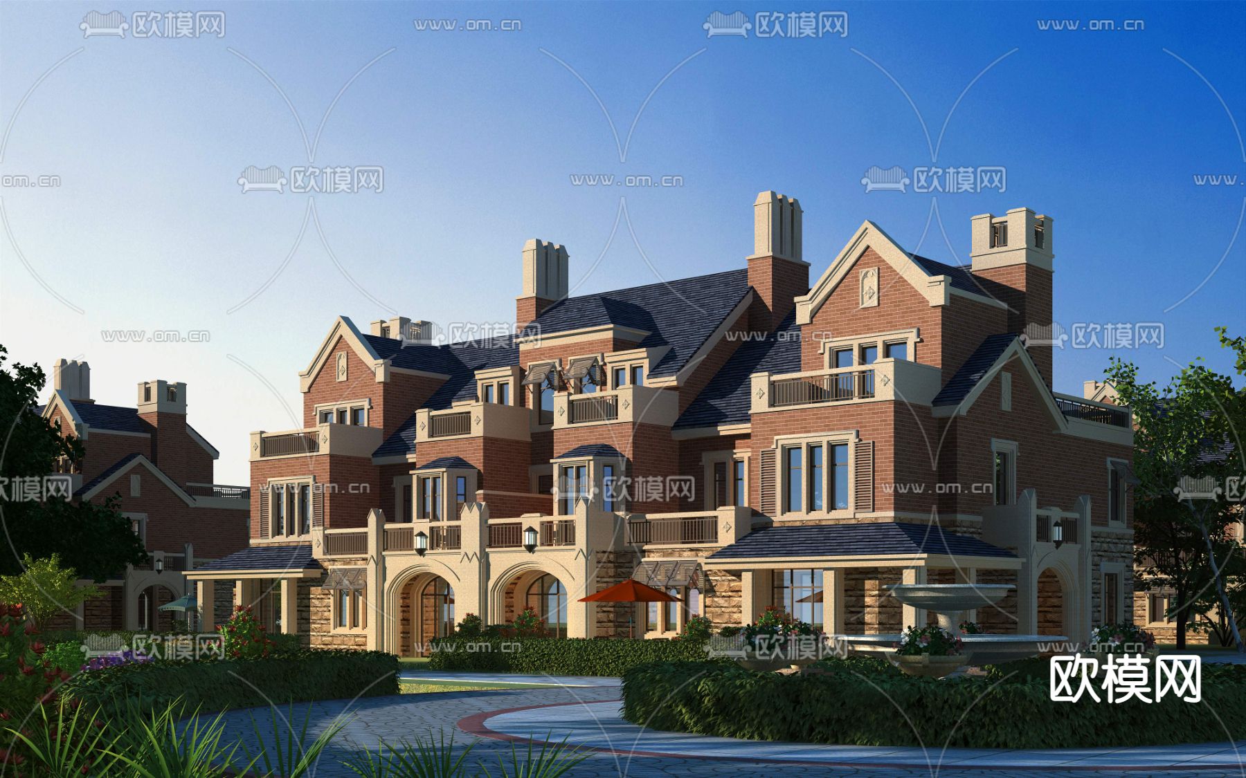美式联排别墅外观3d模型下载_ID11921238_3dmax免费模型-欧模网