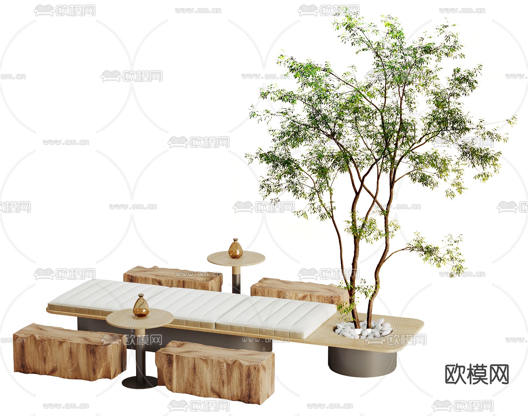 侘寂风实木公共椅3d模型下载（渲染图3）