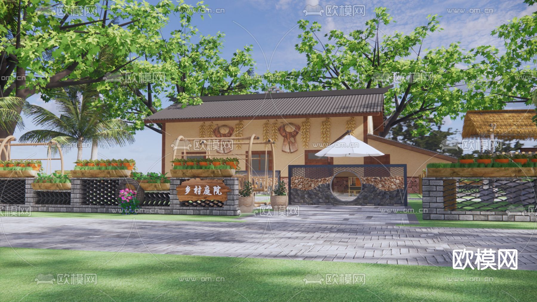 现代乡村民宿庭院su模型下载（渲染图2）