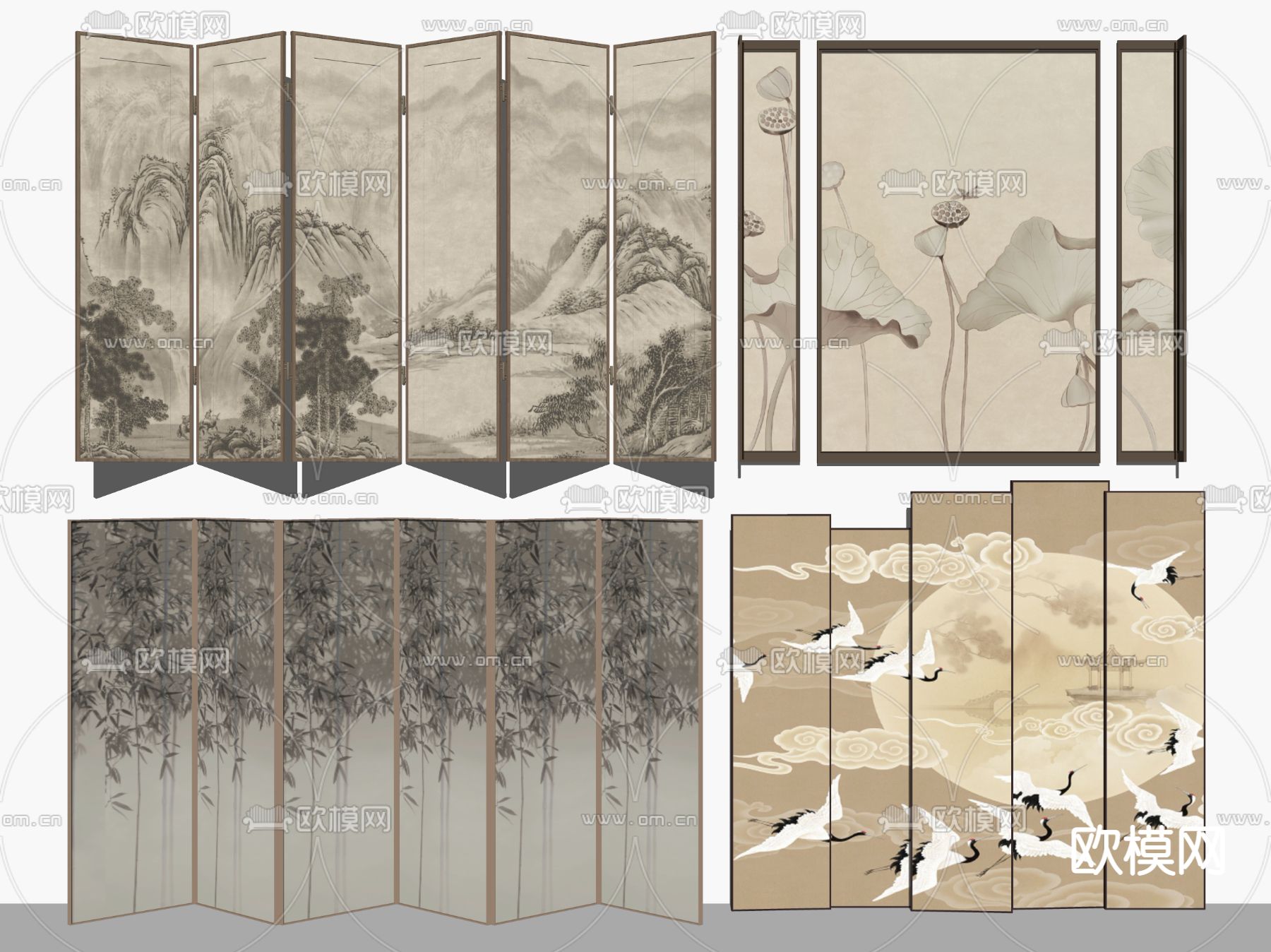 新中式折叠屏风隔断su模型下载（渲染图2）