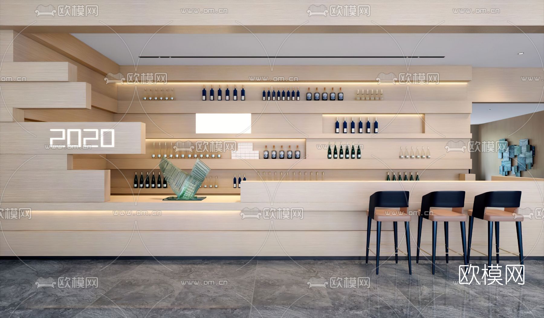 现代酒吧吧台吧台椅3d模型下载