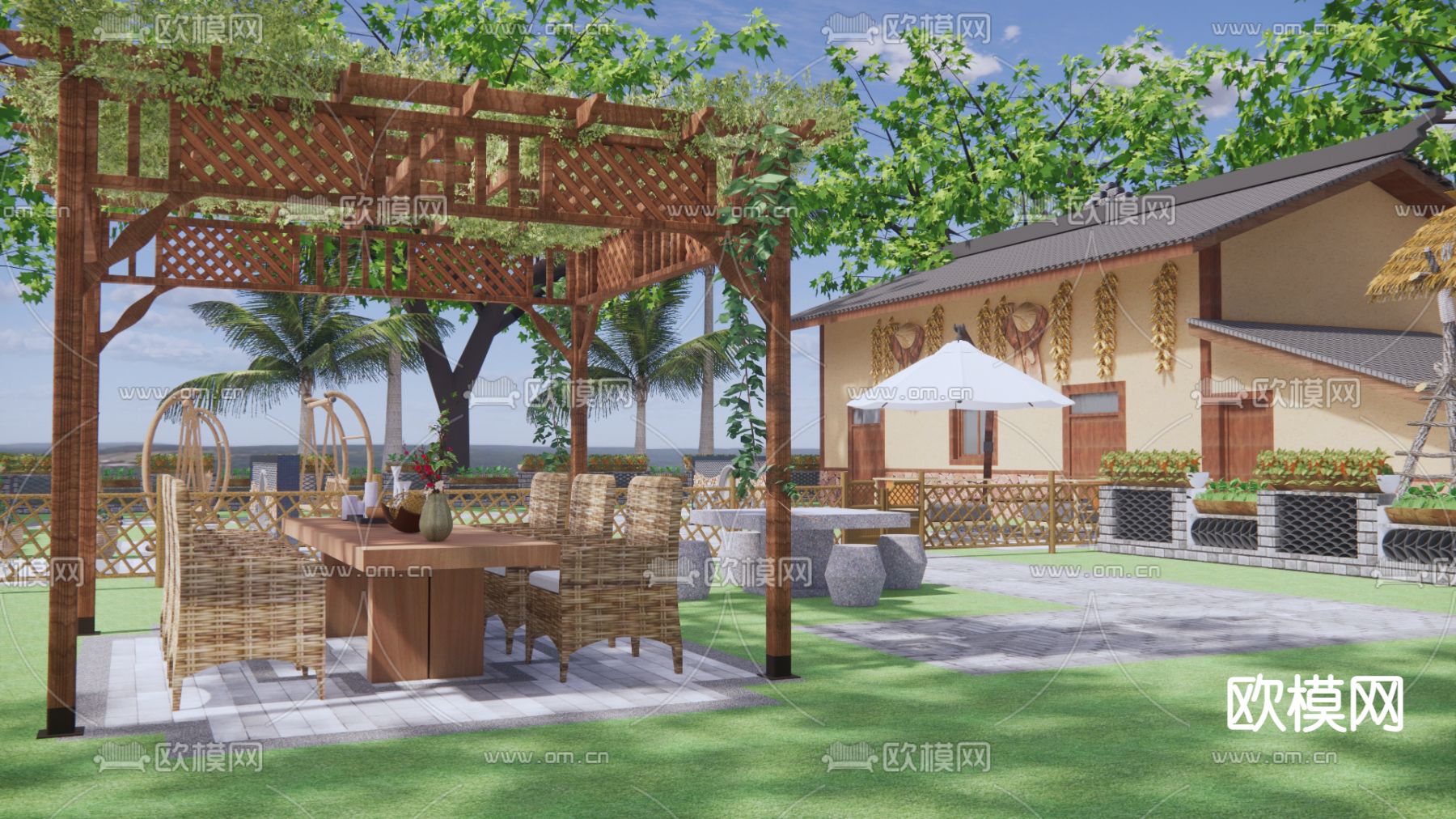 现代乡村民宿庭院su模型下载（渲染图1）