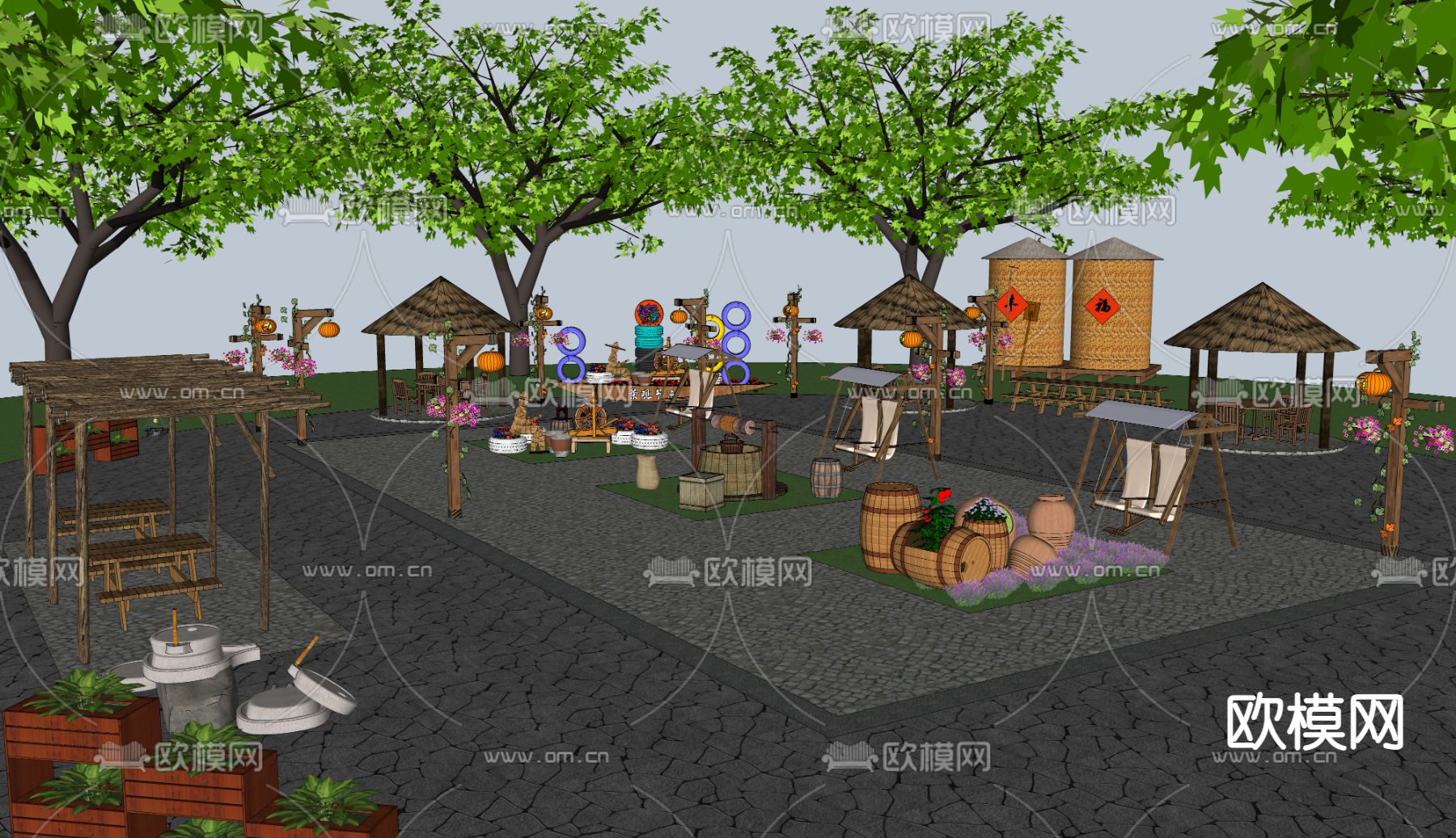 中式乡村农耕庭院su模型下载（渲染图2）